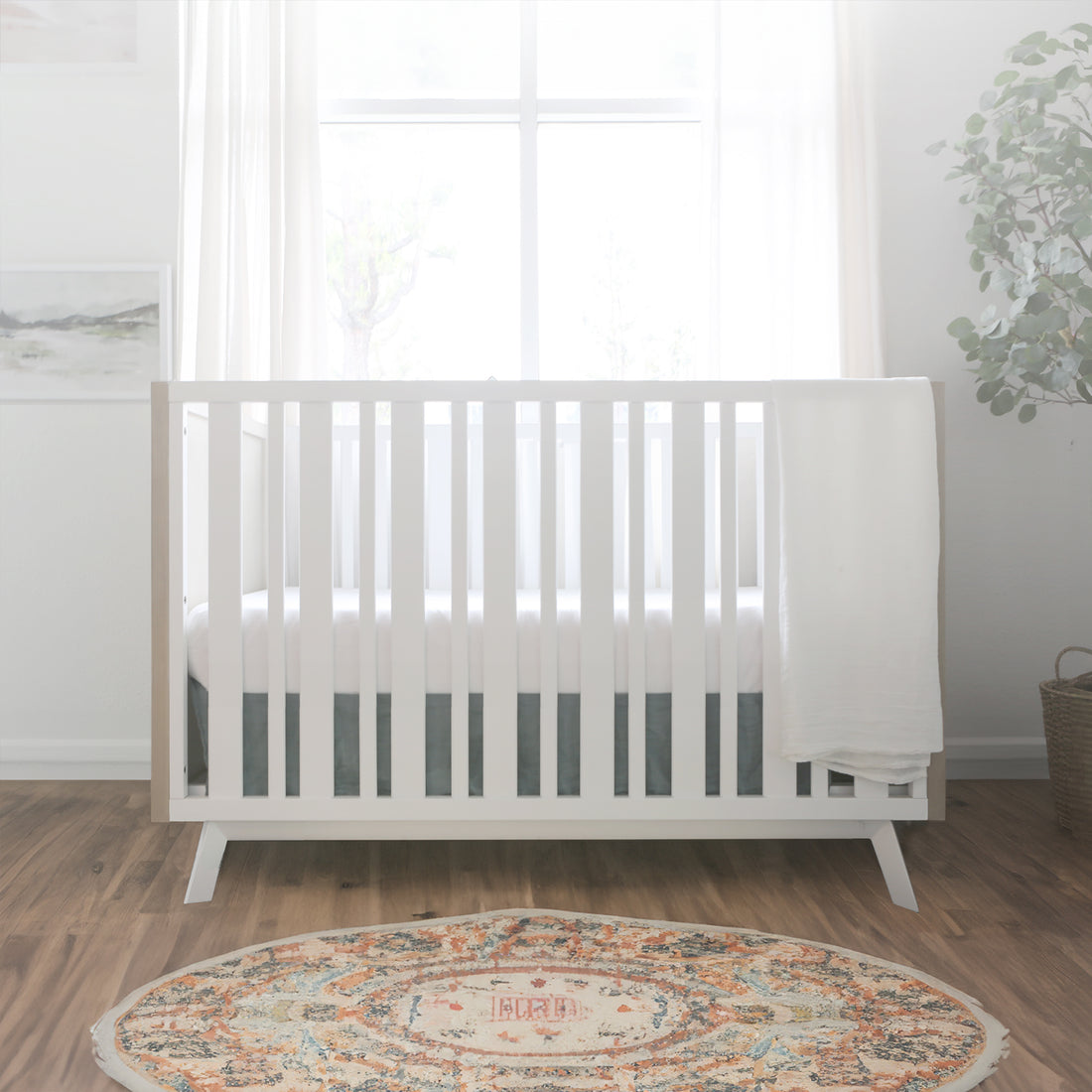 Prague Convertible Crib In Cotton Grey And White Natural Wood Wash Wood