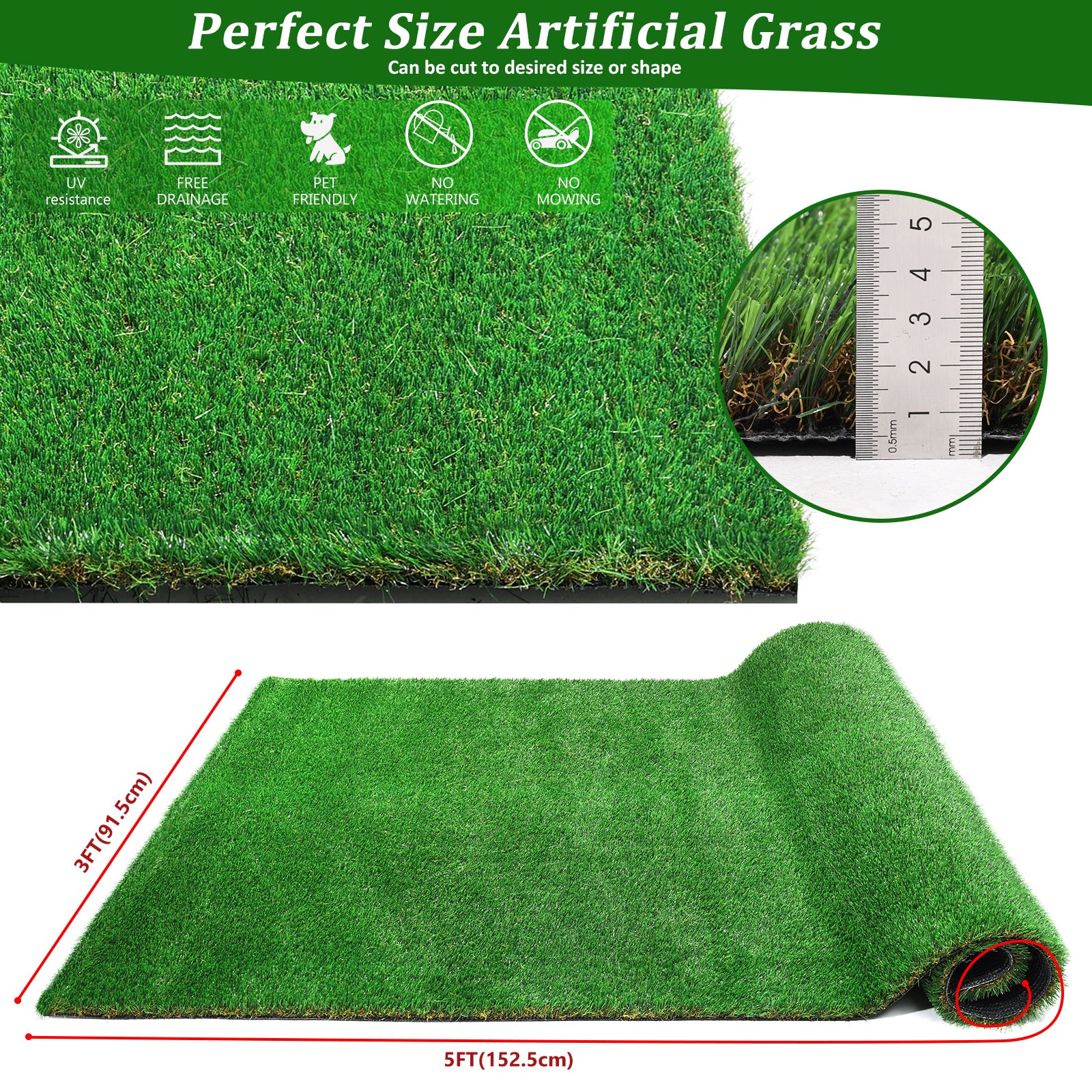 3Ftx5Ft Outdoor Artificial Grass Runner Rug, Thick Realistic Fake Grass Roll Decor Patio Balcony Garden Lawn, Dog Pets Turf Drain Mat, 1.38" Pile Height Green Garden & Outdoor Polypropylene Polyethylene