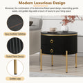 19.6'' Easy Assembly Round End Table With Storage Drawers, Fluted Nightstand With High Gloss Faux Marble Tabletop, Modern Coffee Table With Metal Legs And Handles For Living Room, Black Black Gold Primary Living Space Drawers Round Mdf Iron