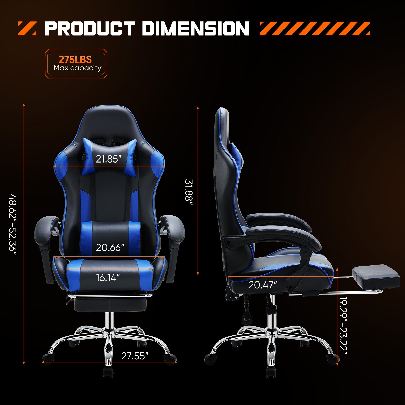 Video Game Desk Chair Ergonomic Computer With Footrest And Comfy Lumbar Support, Pu Leather Recliner With Headrest, Fixed Up Armrest, Height Adjustable With 360 Swivel, For Adults, Blue Black Blue Faux Leather