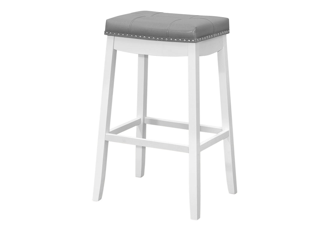 Bar Stool, Set Of 2, Bar Height, Saddle Seat, White Wood, Grey Leather Look, Transitional White Foam Solid Wood