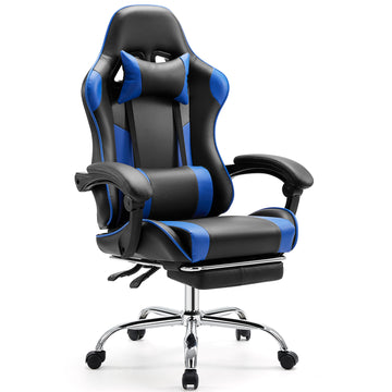 Video Game Desk Chair Ergonomic Computer With Footrest And Comfy Lumbar Support, Pu Leather Recliner With Headrest, Fixed Up Armrest, Height Adjustable With 360 Swivel, For Adults, Blue Black Blue Faux Leather