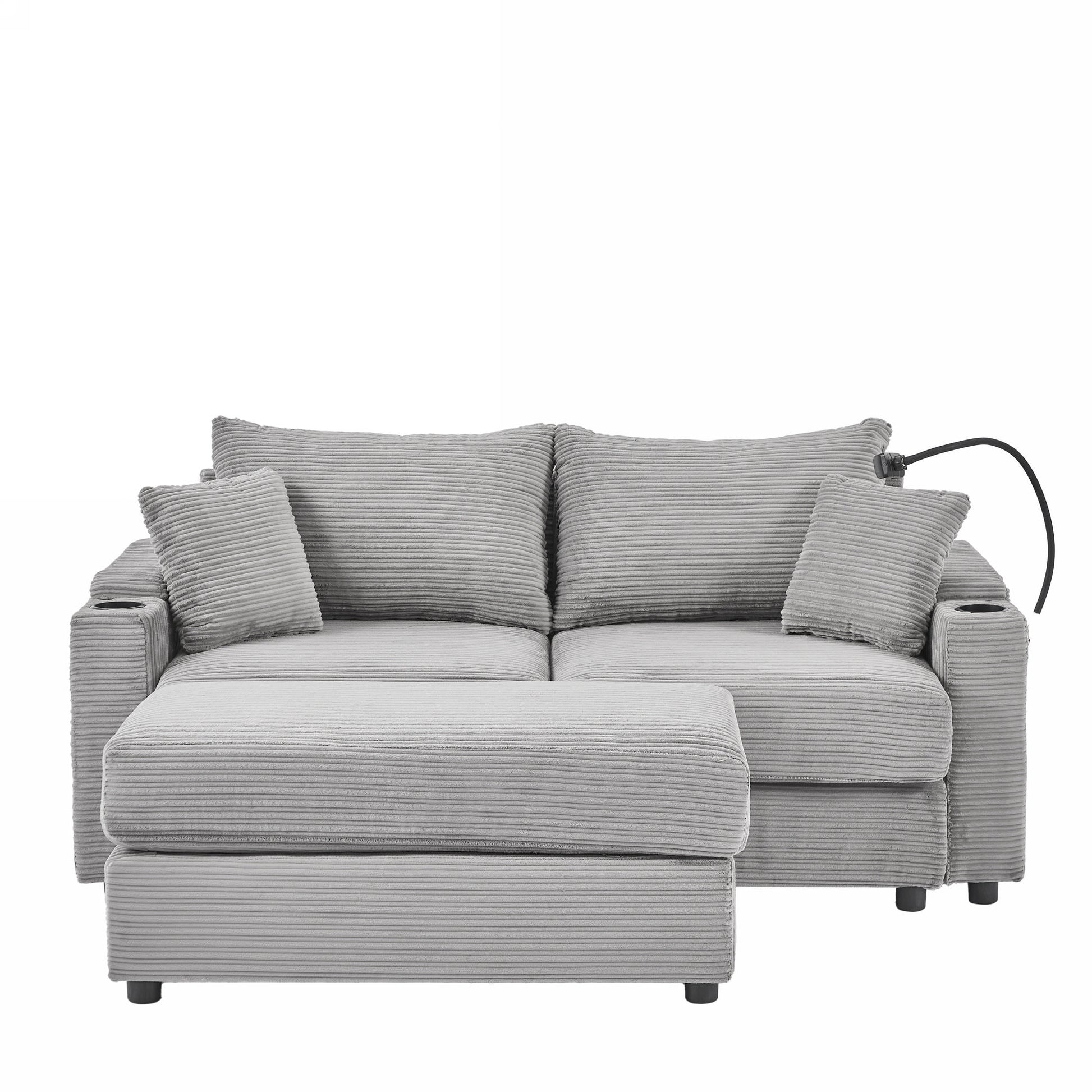 72.8" Modern Style Loveseat Sofa Sectional Sofa Couch With Storage Space, A Movable Ottoman, Two Usb Ports, Two Cup Holders, A Phone Holder For Living Room, Gray Gray Foam Corduroy 3 Seat