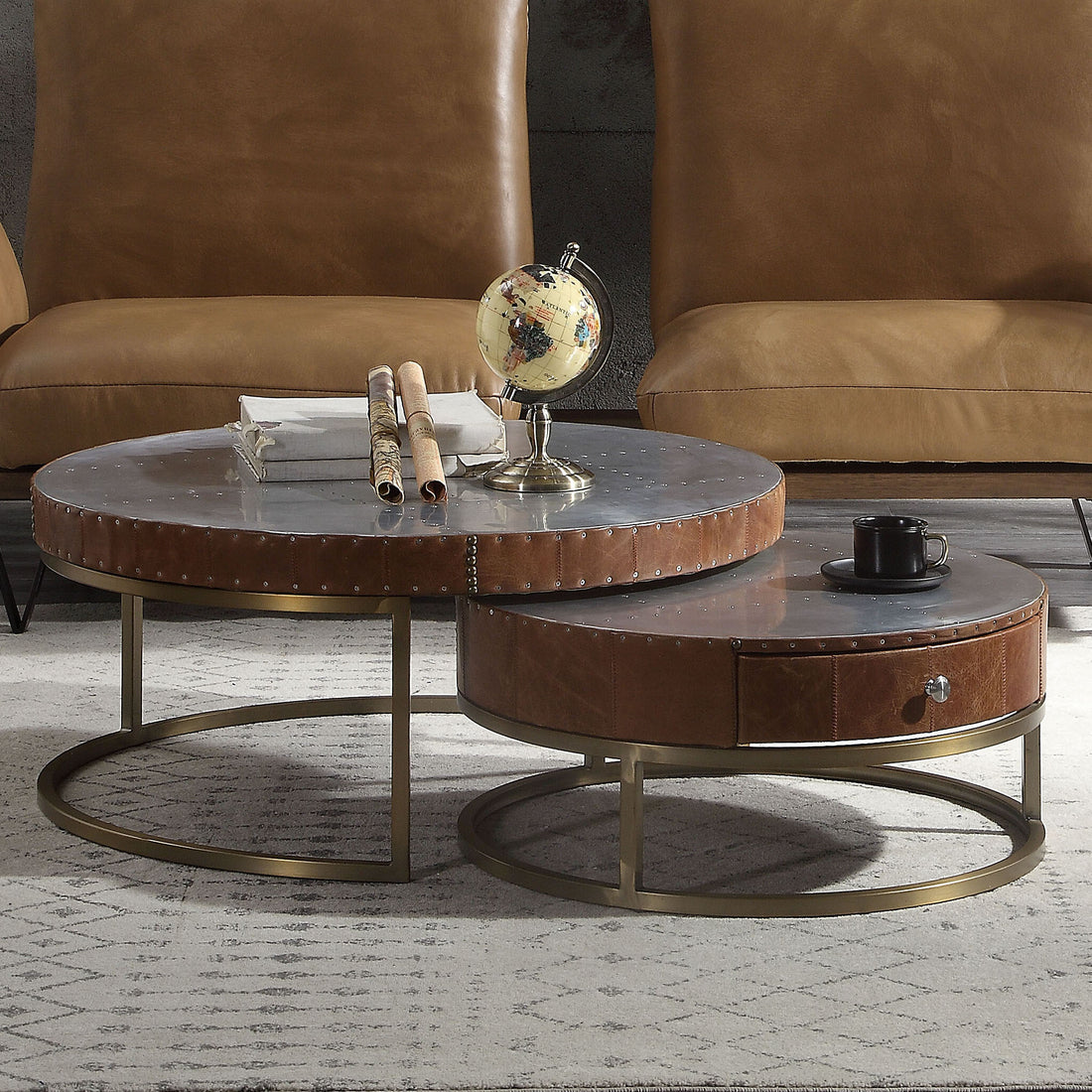 Aluminum And Cocoa Drum Coffee Table Brown Gold Primary Living Space Modern Round Genuine Leather Sled