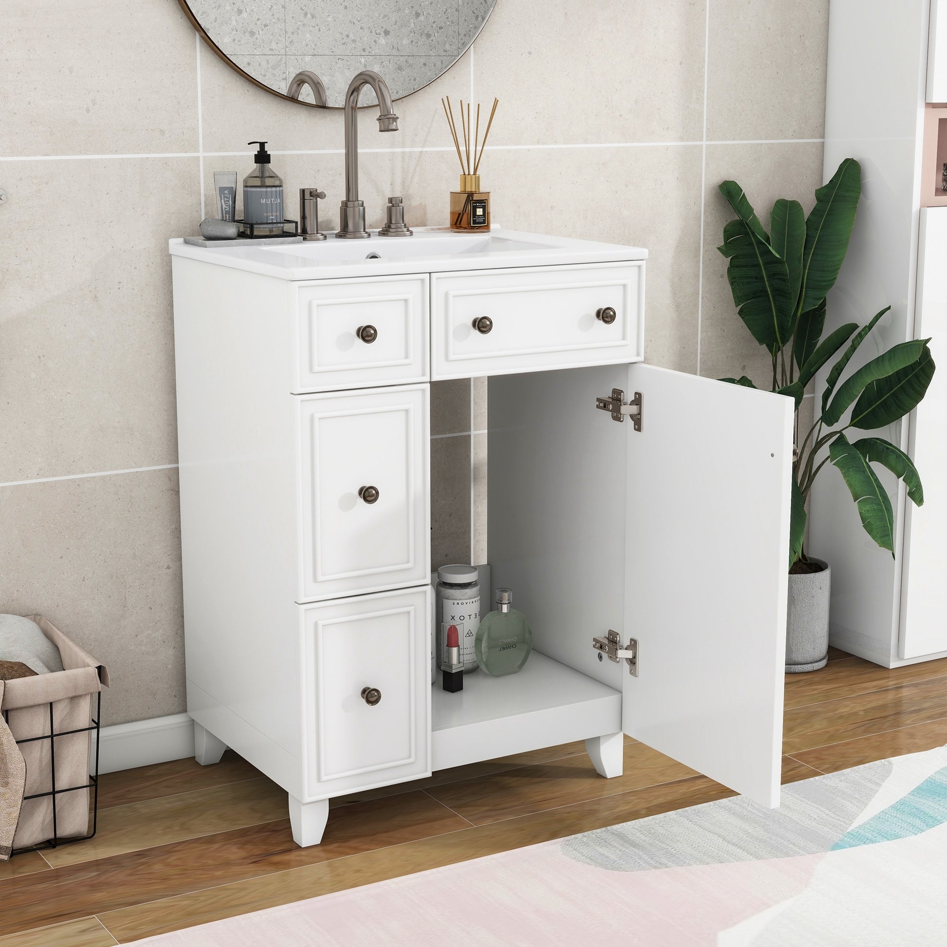 24 Inch Bathroom Vanity Cabinet With Ceramic Sink, 2 Drawers, 1 Door White Bathroom Solid Wood Mdf