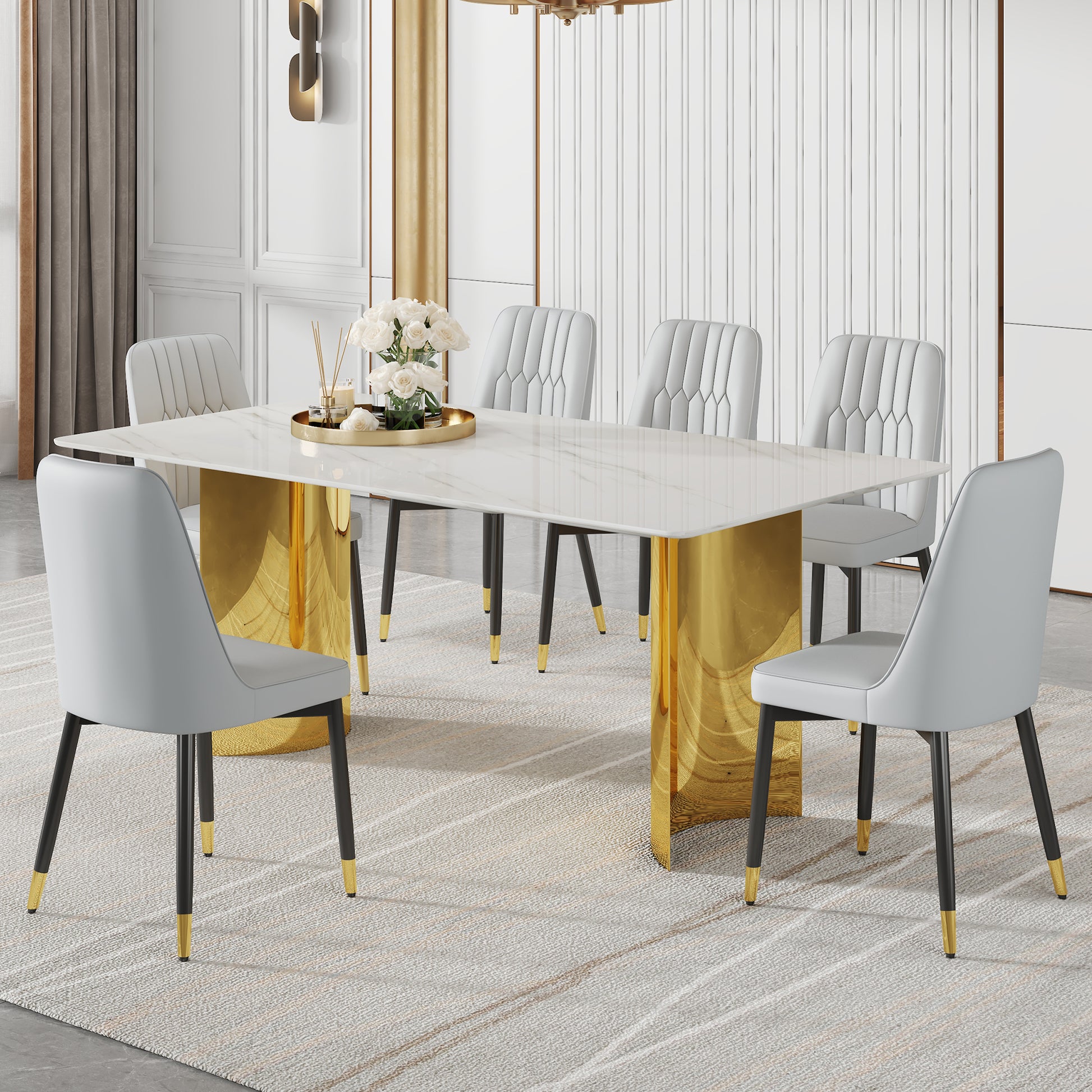 Table And Chair Set.The Table Has A Glass Top With Imitation Marble Pattern Stickers And Stainless Steel Golden Legs. Paried With Chairs With Pu Artificial Leather Backrest Cushions And Black Legs. White Gold Seats 6 Glass Metal