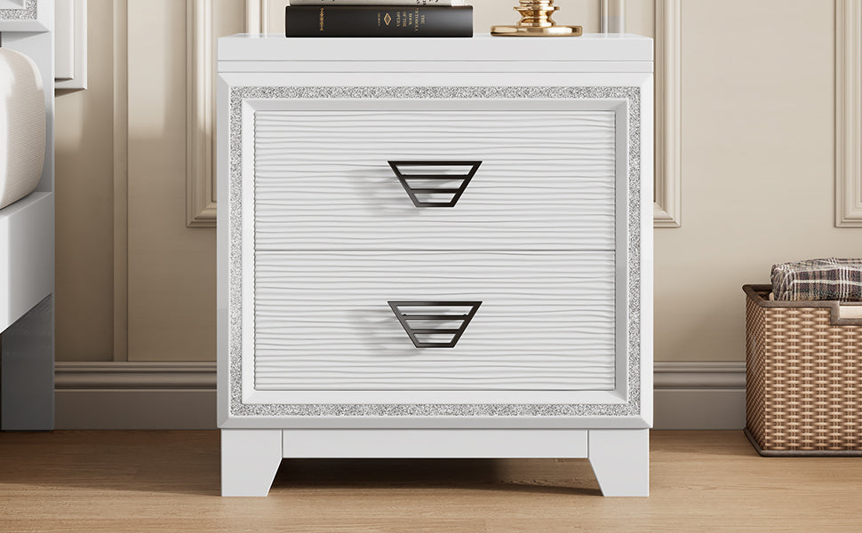 Elegant Nightstand With Metal Handle And Sparkling Shiny Decoration, Bedside Table With 2 Drawers For Bedroom, Living Room, White White 2 Drawers Mdf