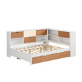 L Shaped Bed Frame With Trundle And And Bookcase,Corner Bed Wooden Captain Bed With Led Downlight And Usb Port For Small Room,Bedroom, Guest Room, Full Size, Walnut And White Box Spring Not Required Full White Walnut Wood Bedroom Modern Pine Bed Frame