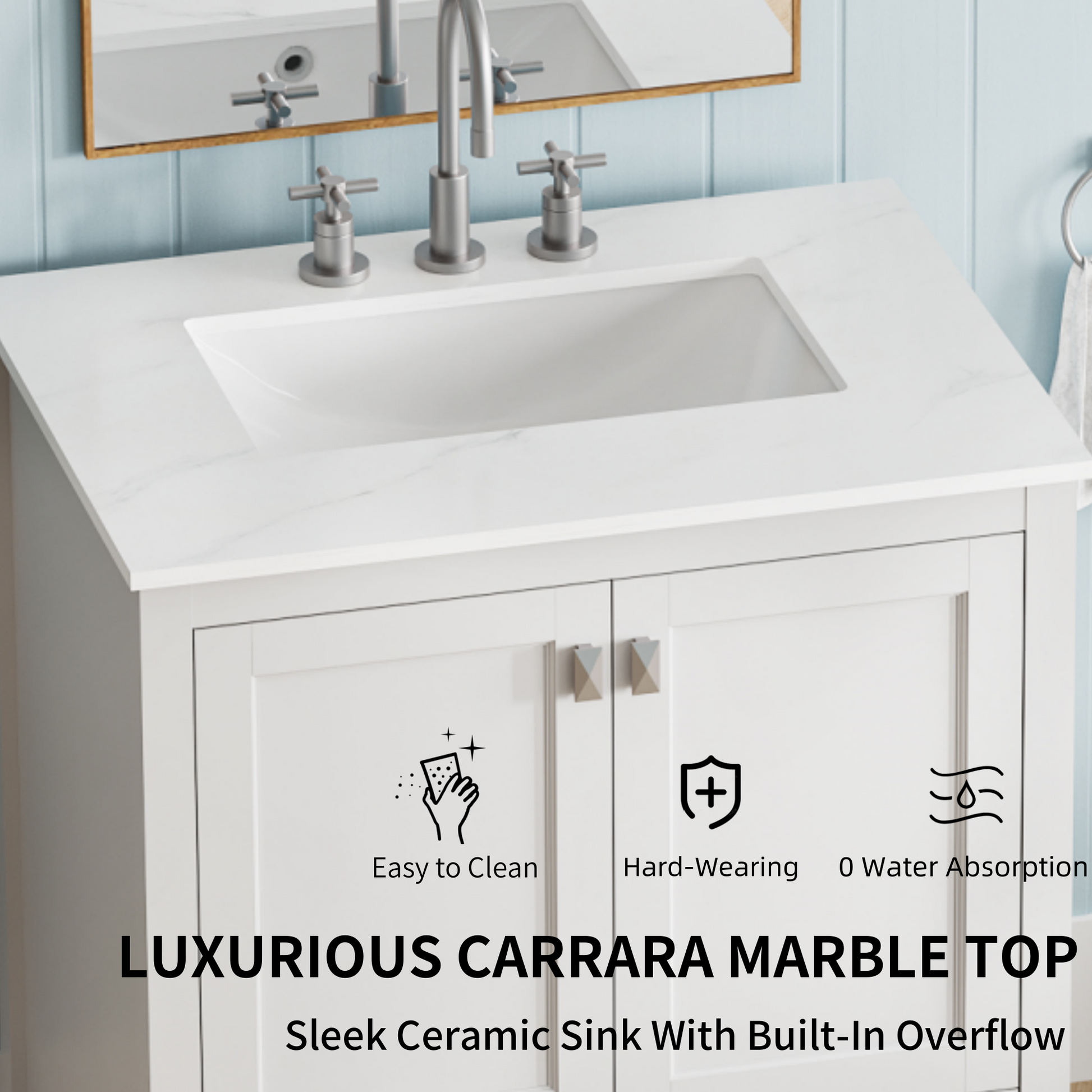 30 Inch Freestanding Bathroom Vanity With Sink, Carrara Engineered Marble Vanity Top With Undermounted Rectangular Ceramic Sink, Large Storage Soft Close Door, White 24V03 30Wh White Wood Solid Wood
