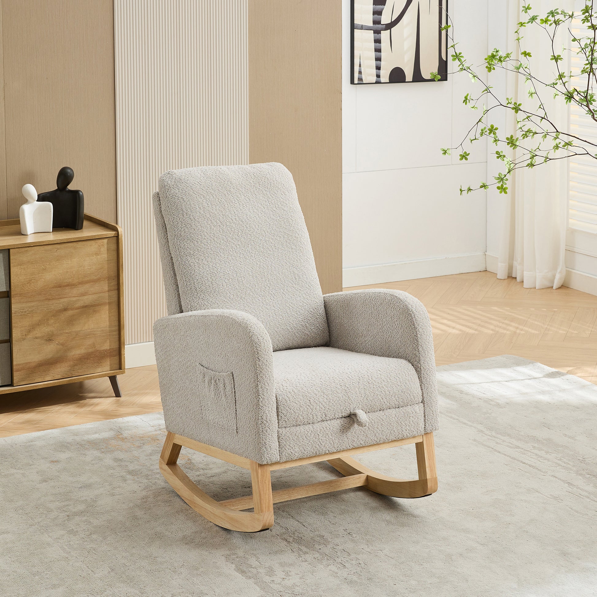 25.4"W Rocking Chair For Nursery, High Back Glider Chair With Retractable Footrest, Side Pocket, Rocking Accent Armchair With Rubber Wood Legs For Living Room Bedroom.Light Gray Light Gray Boucle