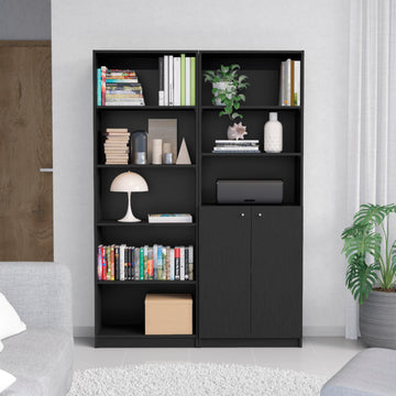 Layton 2 Piece Home Bookcase Set, 49" Wide With 8 Shelves And Double Door Cabinet, Living Room Set Black Black Particle Board