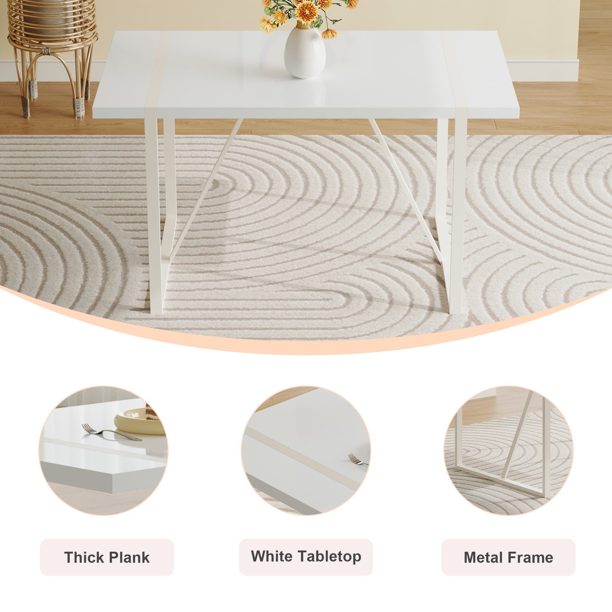 55"X31.5"Cream Style White Mdf Dining Table Set With 6 Armless Chairs.The Backrest Of The Dining Chair Is Designed With Multiple Vertical Stripes.Adding A Warm Atmosphere To Your Family. White Seats