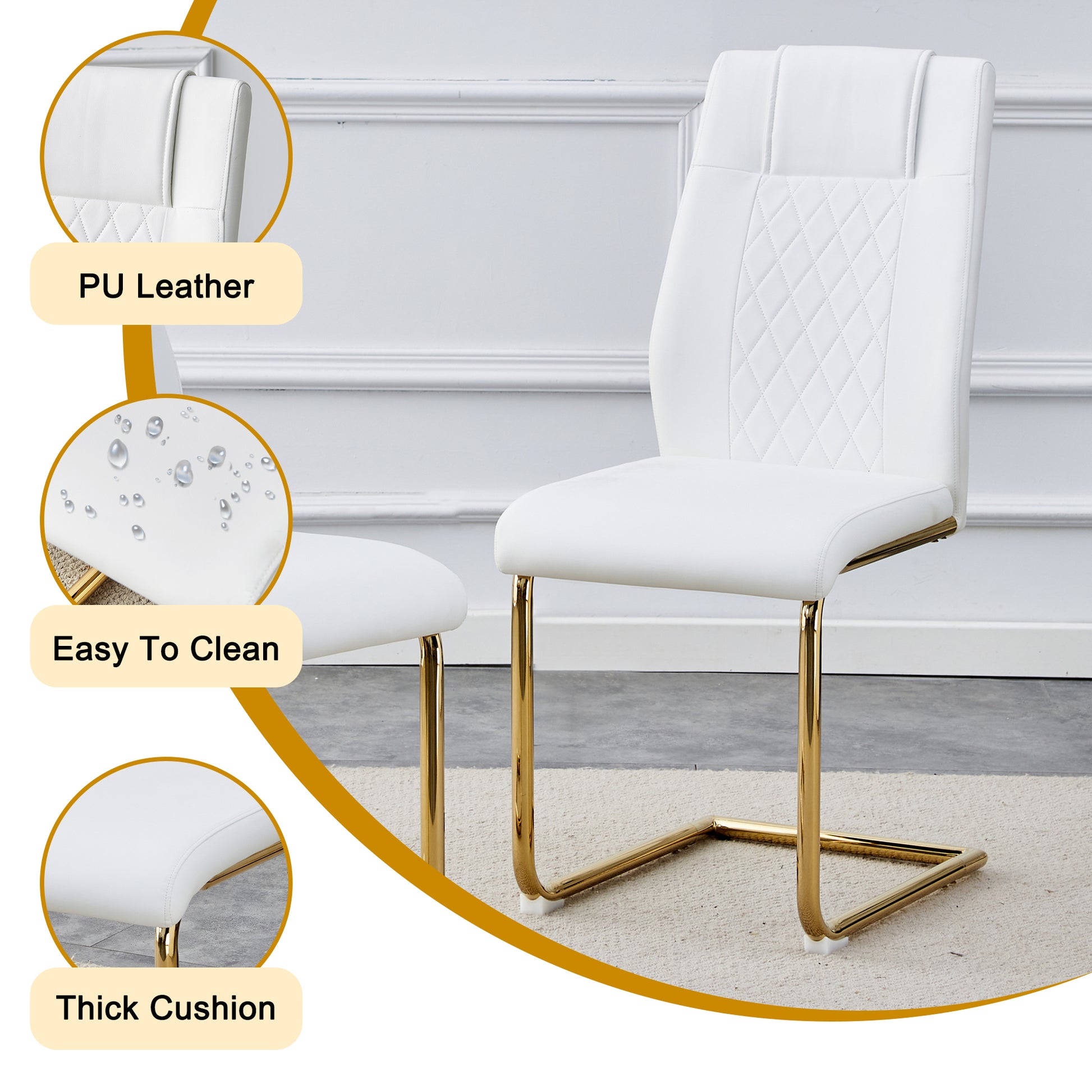 Table And Chair Set.Modern Rectangular Dining Table With Transparent Tempered Glass Tabletop And Gold Plated Metal Legs.Paried With 6 Comfortable Chairs With Pu Seats And Golden Metal Legs. Transparent,White Gold Seats 6 Glass Metal
