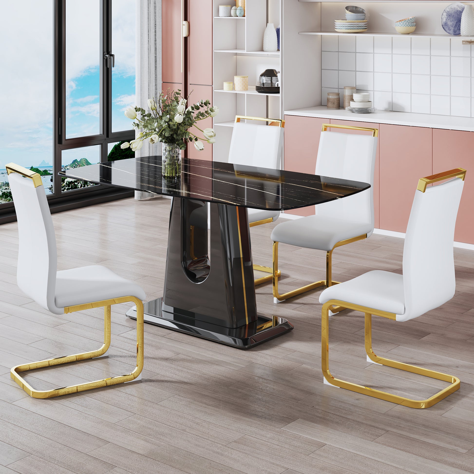 1 Table And 4 Chairs. Modern, Simple And Luxurious Black Imitation Marble Rectangular Dining Table And Desk With 4 White Pu Gold Plated Leg Chairs 63'' X 35.4'' X 30'' White Black Mdf