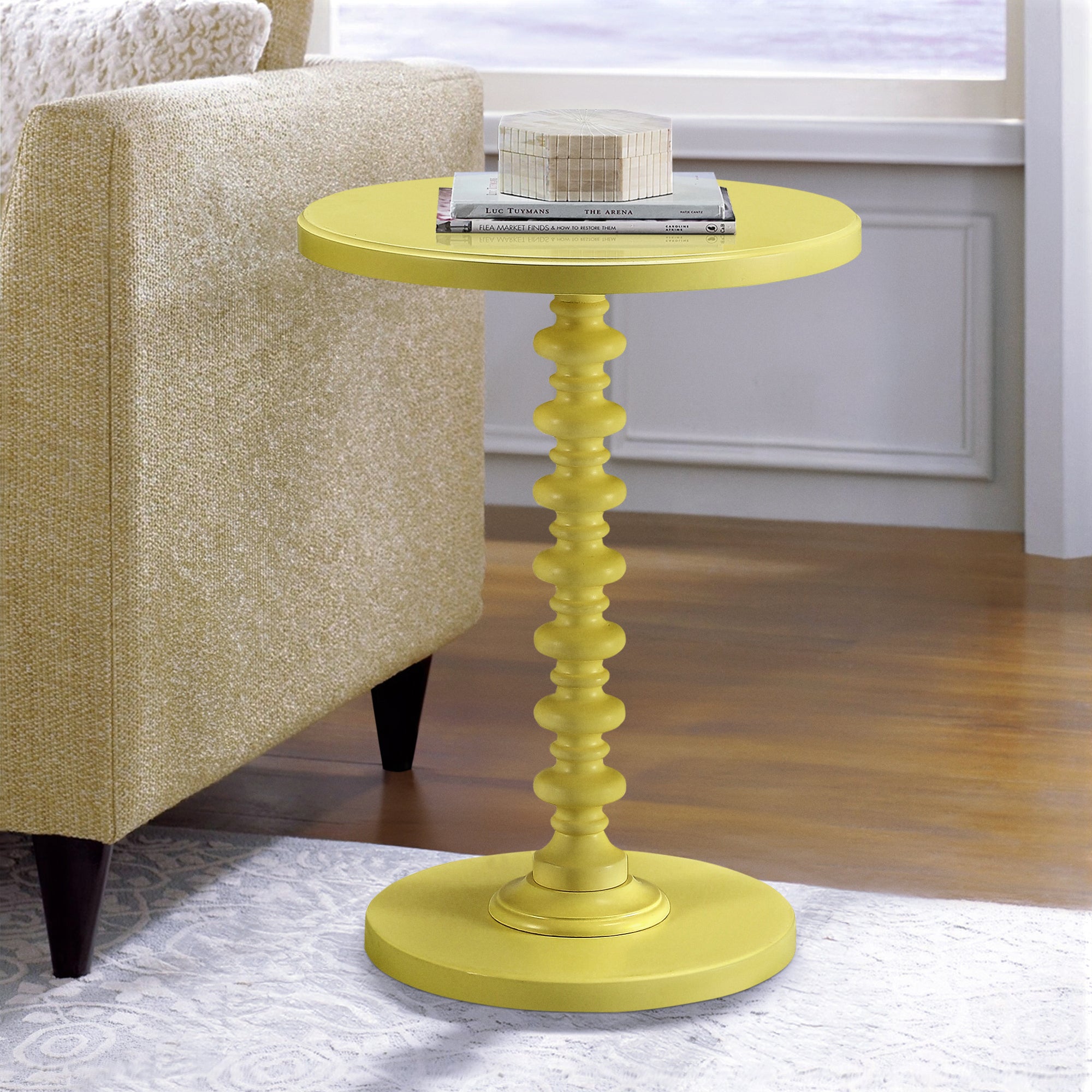 Salisa Yellow Round Wooden Side Table Yellow Primary Living Space Round Wood Pedestal