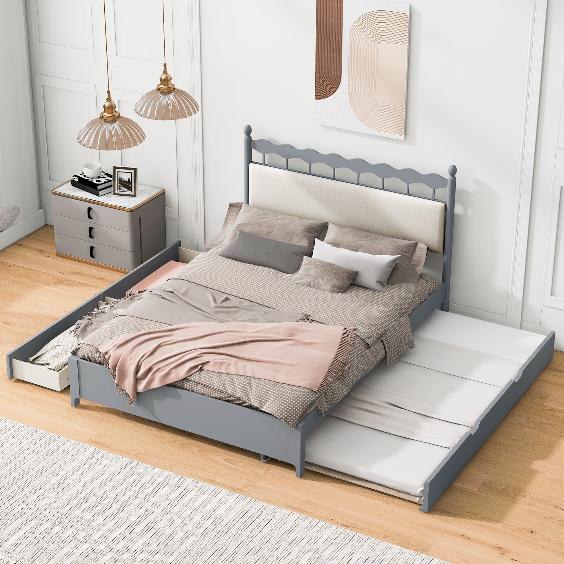 Queen Size Wooden Storage Platform Bed, With 2 Big Drawers, T Size Trundle, Gray Queen Gray Plywood