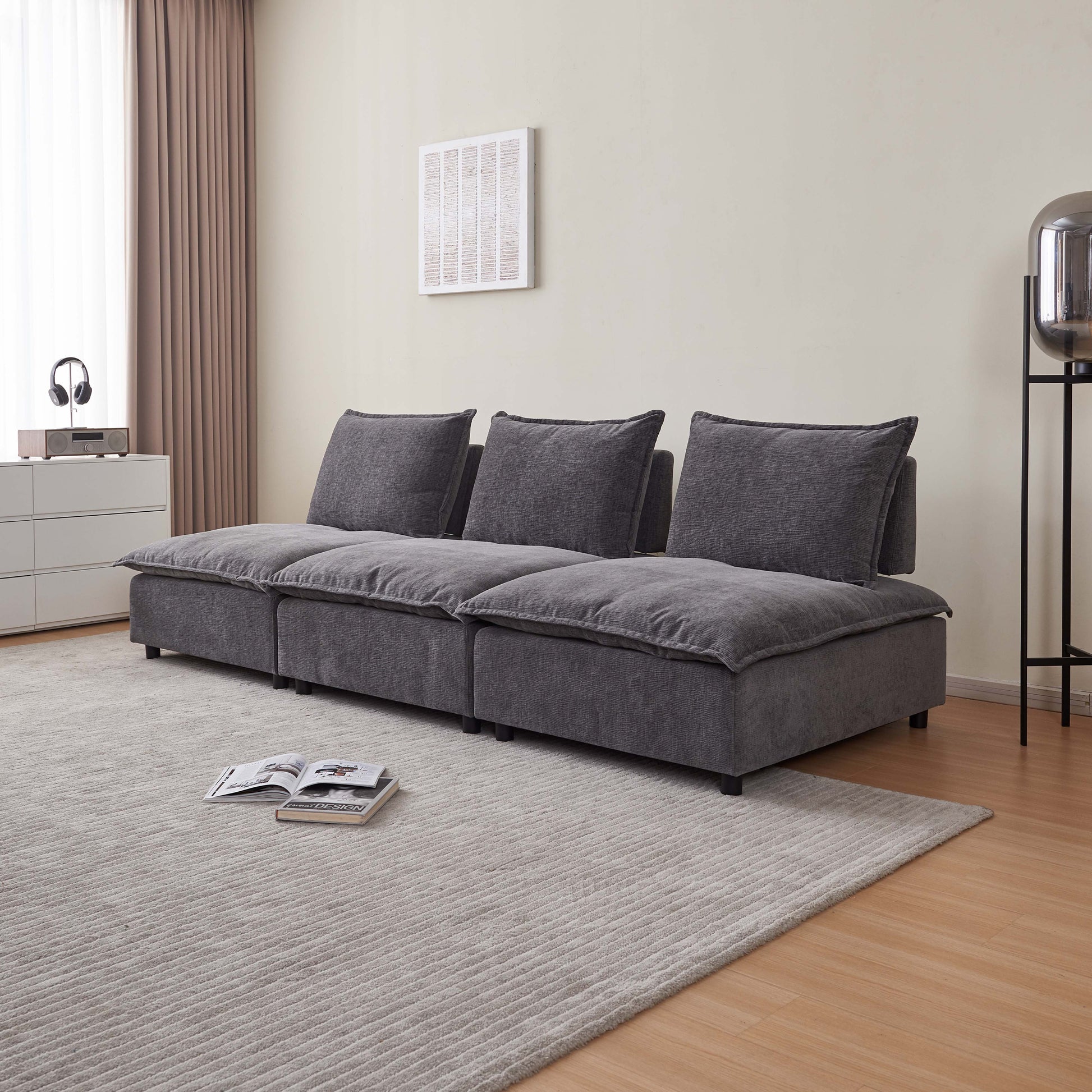 Mid Century Modern 3 Seater Sofa Couch For Living Room Modular Sectional Armless Sofa, Ultra Soft Chenille Fabric, Sturdy Frame, Comfortable And Stylish Furniture Gray Foam Chenille 3 Seat
