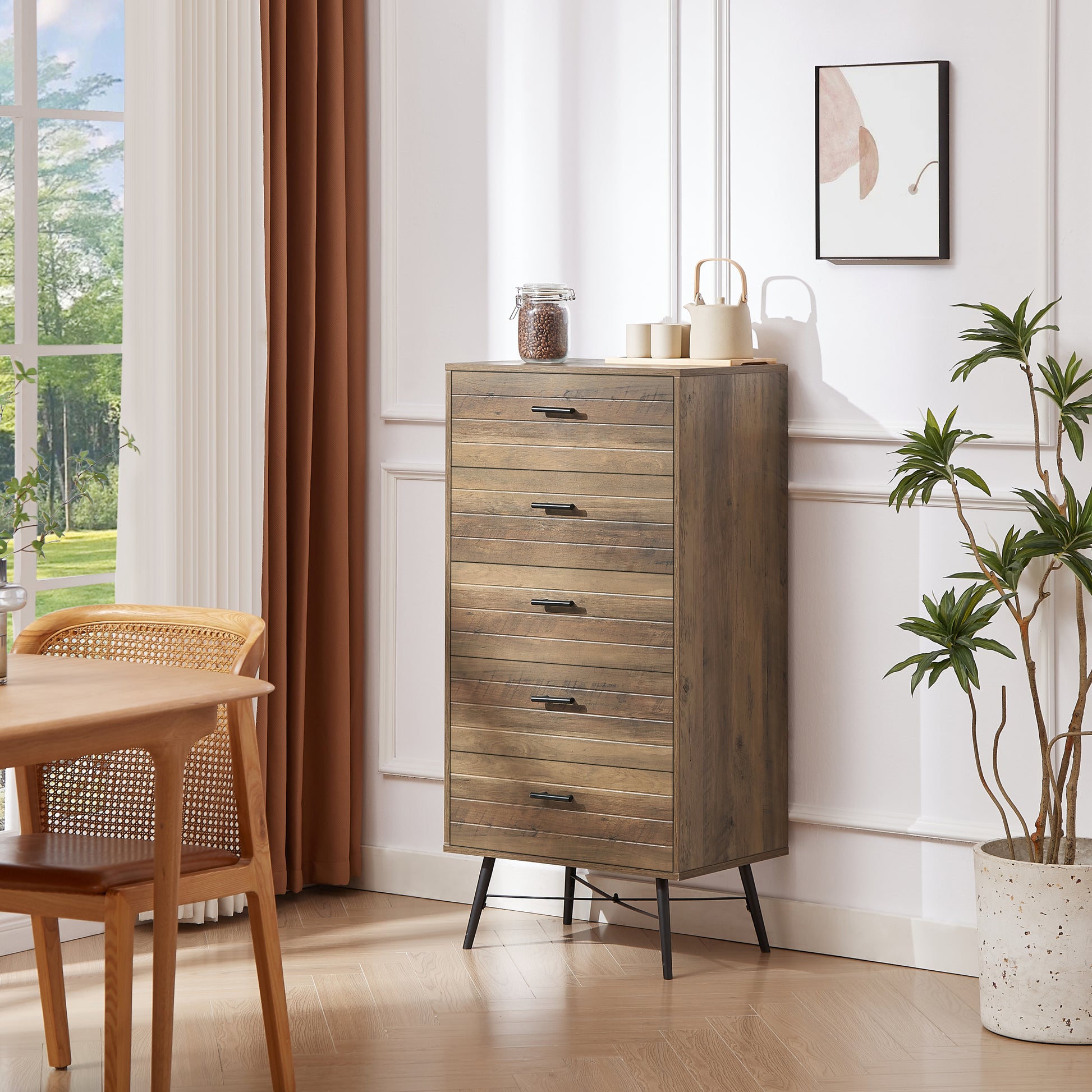 5 Drawer Chest Spacious And Stylish Chest Of Drawers, Dresser For Bedroom, Closet, Hallway, 23.6"W X 15.7"D X 48"H, Rustic Walnut Chest 5 Or More Drawers Walnut Brown Brown Bedroom Rustic,Vintage Particle Board