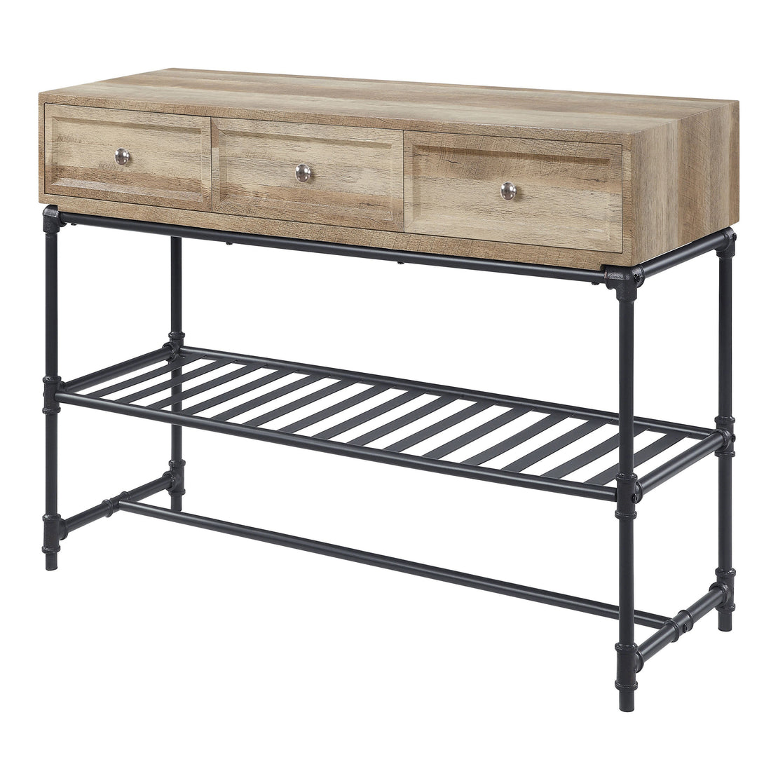 Mankato Oak And Sandy Black Sofa Table Oak Primary Living Space Modern Drawers Rectangular Wood Metal