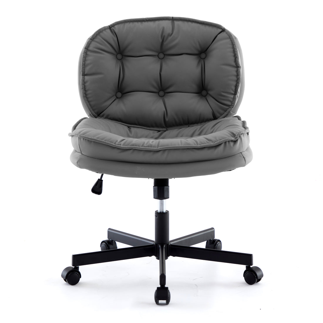 Armless Office Desk Chair With Wheels: Pu Leather Cross Legged Wide Chair,Comfortable Adjustable Swivel Computer Task Chairs For Home,Office,Make Up,Small Space,Bed Room Smoke Grey Antique Fiber Foam And Polyester Fiber Pad Pvc