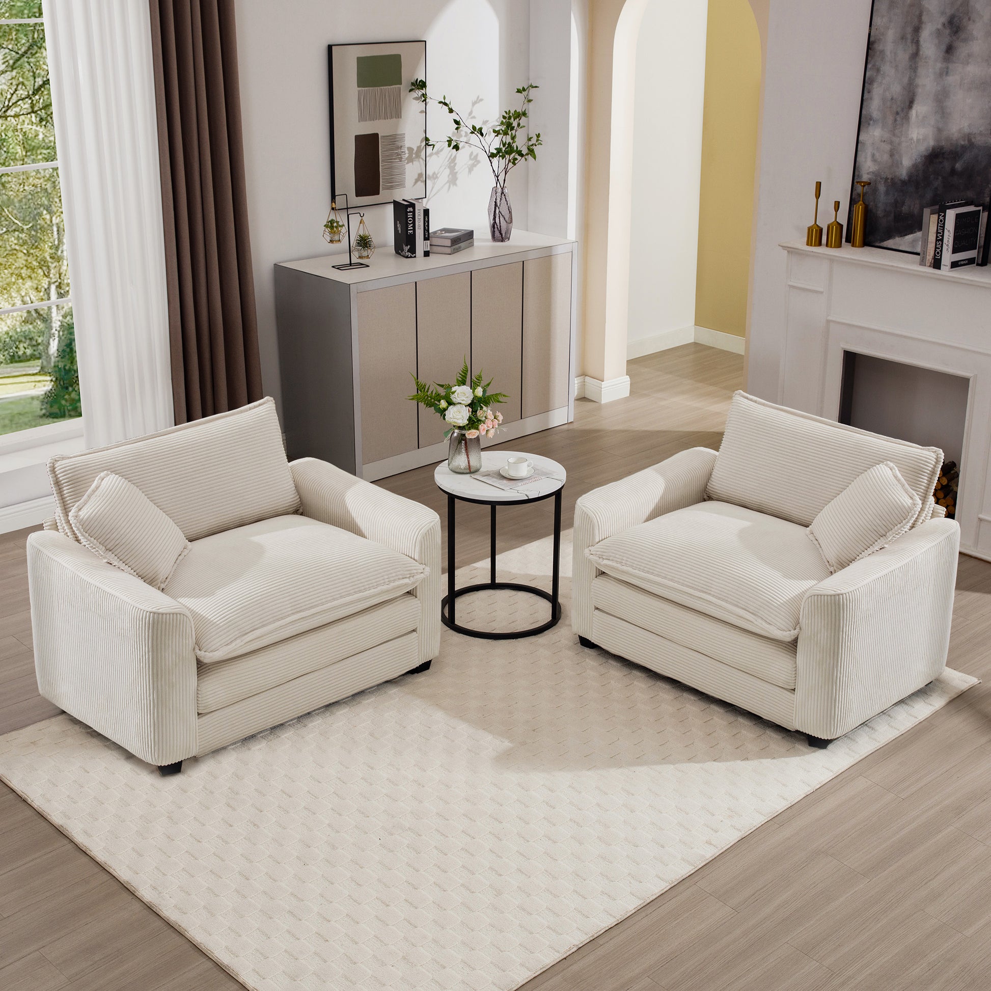 Luxurious And Sophisticated Deep Seated Sofa Set With Two Single Sofas In Light Beige Corduroy Fabric, Set Of 2 Accent Chair For Living Room Beige Corduroy 2 Seat
