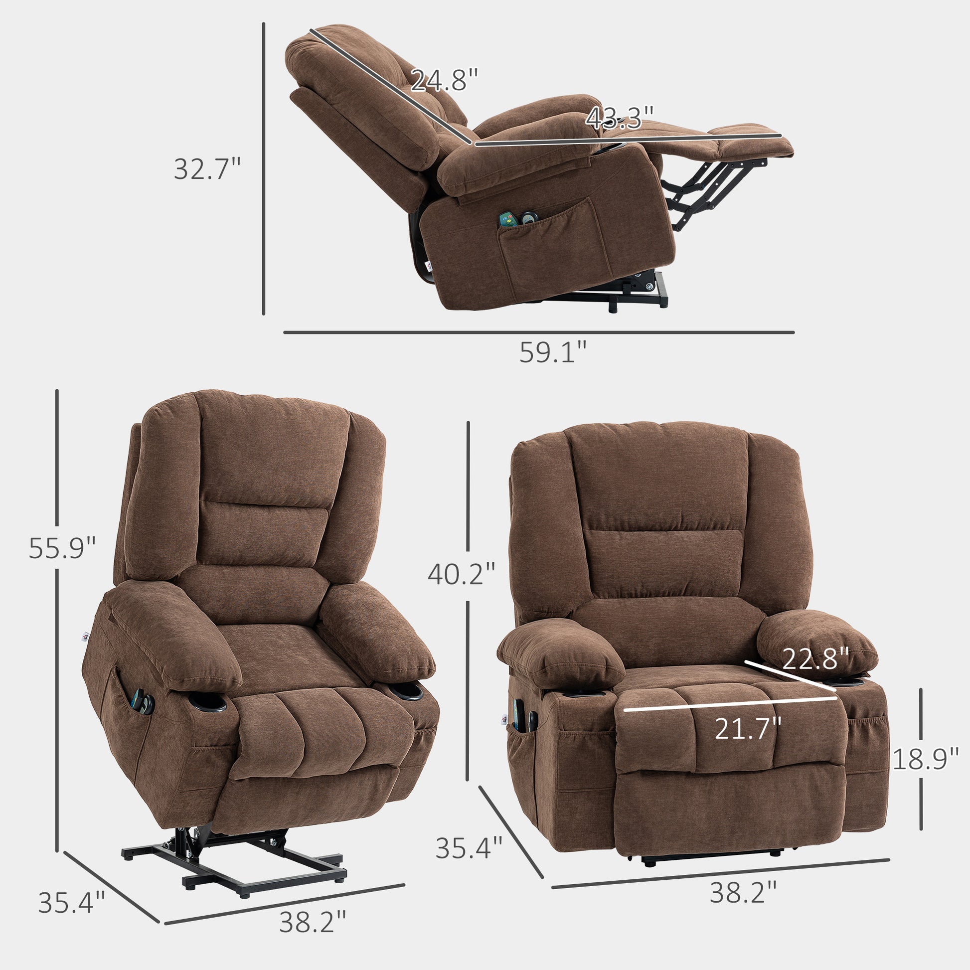 Homcom Power Lift Recliner Chair Sofa With Vibration Massage And Heat, Fabric Lift Chair For Elderly, Massage Recliner Chair With Remote Control, Side Pockets, Quick Assembly, Brown Brown Polyester