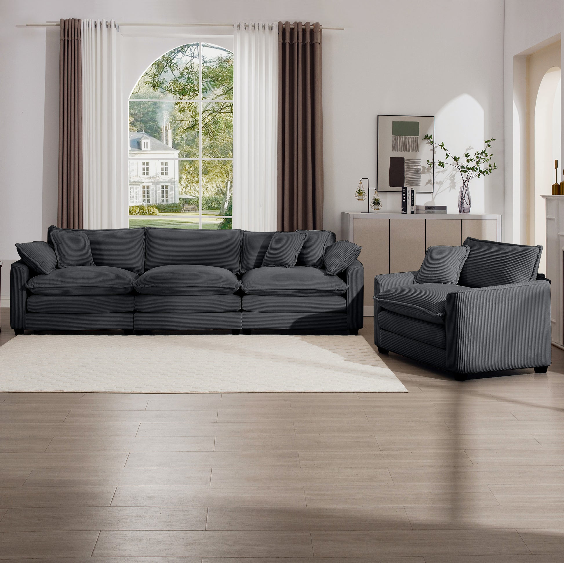 Mid Century Modern Sectional Set Of Two, One 3 Seater Sectional And One Single Seater Sectional With 2 Arm Pillows And 4 Throw Pillows, Living Room Sectional Grey Corduroy Fabric Grey Corduroy 4 Seat