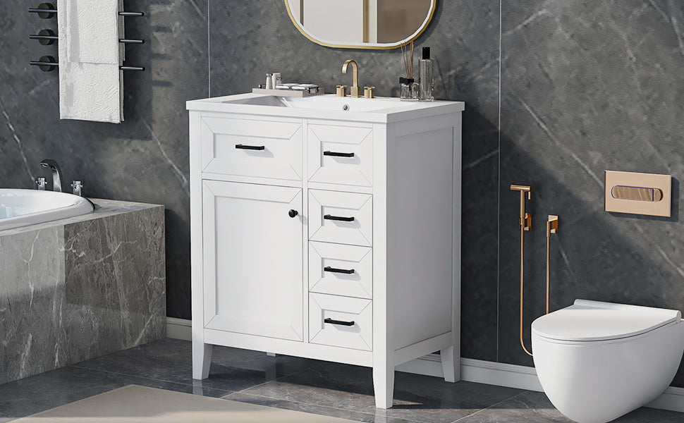 30" Bathroom Vanity With Sink Combo, White Bathroom Cabinet With Drawers, Solid Frame And Mdf Board Old Sku:N725S999222K White Solid Wood Mdf