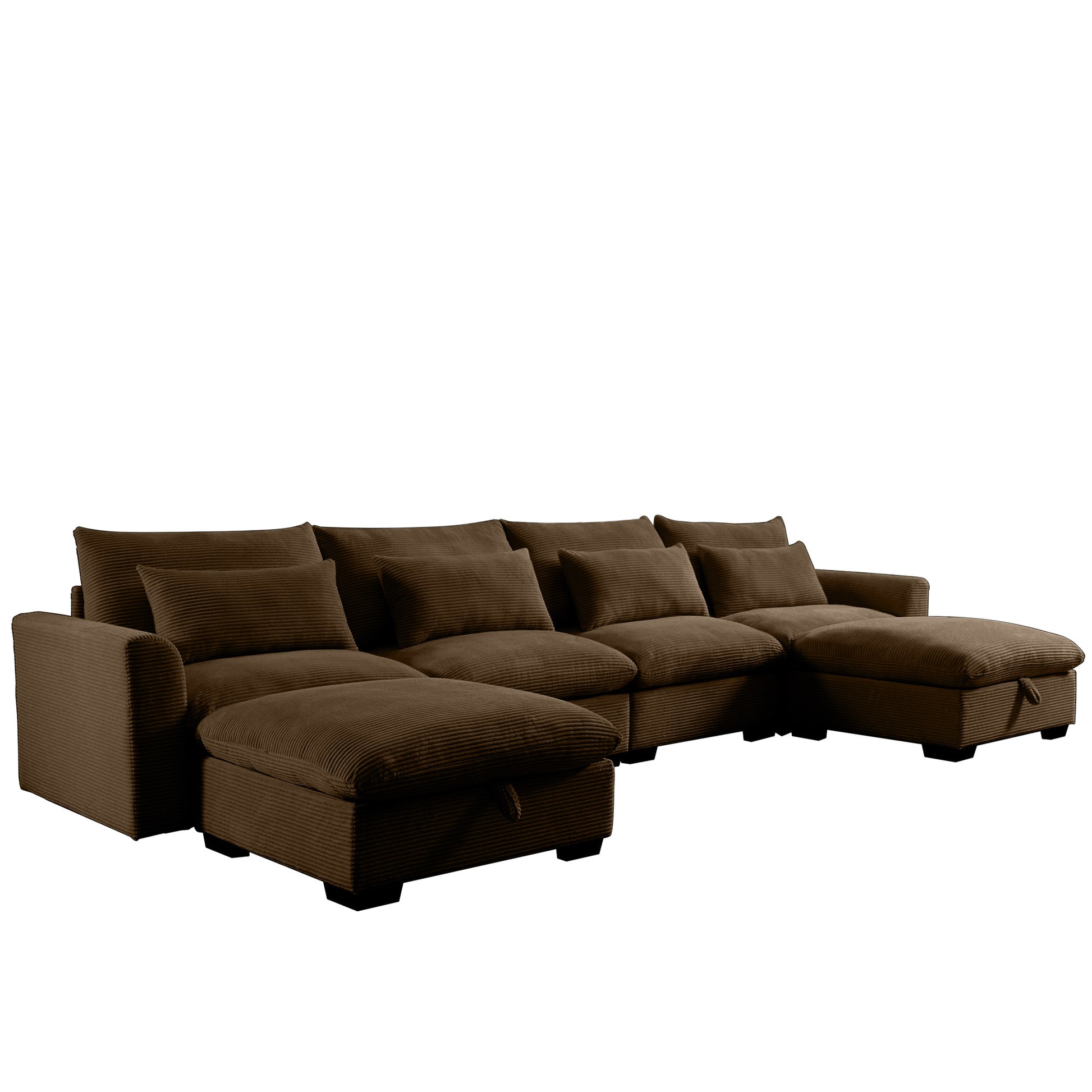 Big Deep Seat U Shaped Corduroy Sectional Couches For Living Room, 4 Seater Sofa Couch With 2 Storage Footstool And 4 Waist Pillows Corduroy, Brown Brown Corduroy 4 Seat
