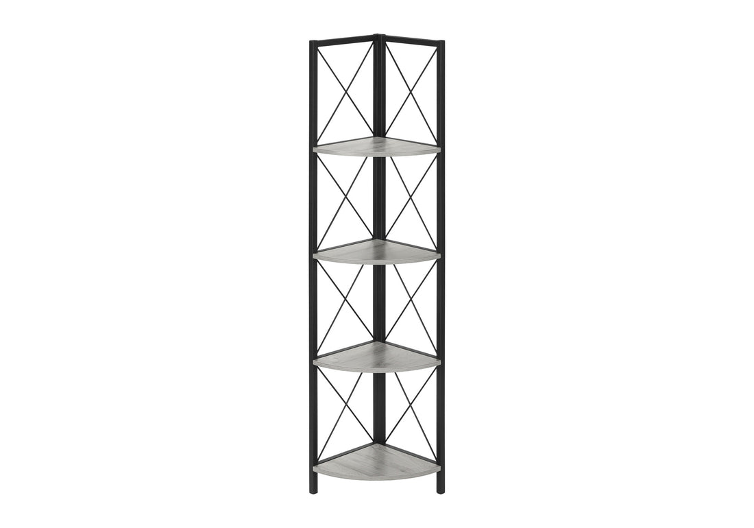 Bookshelf, Bookcase, Etagere, Corner, 4 Tier, 60"H, Office, Bedroom, Grey Laminate, Black Metal, Contemporary, Modern Grey Metal