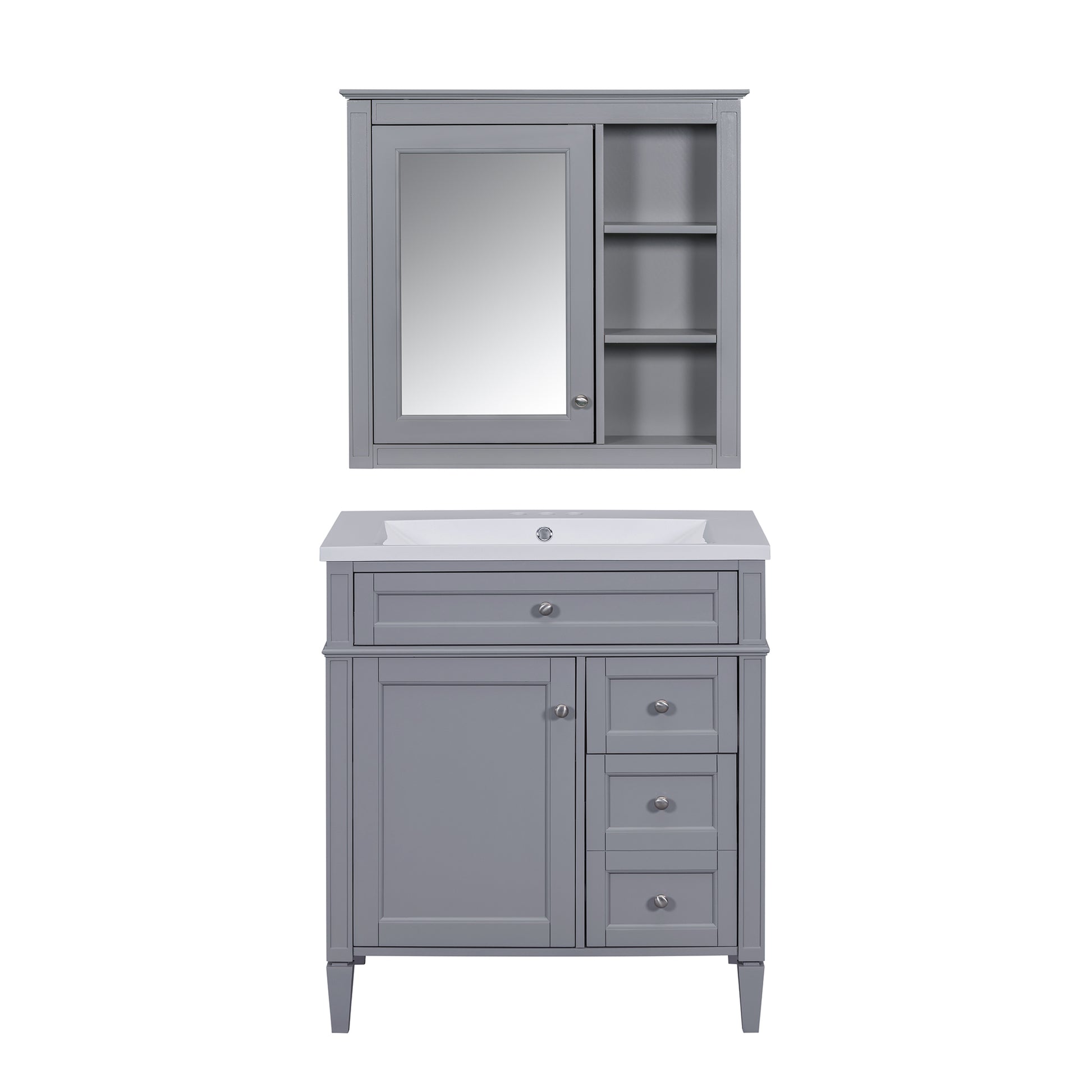 30'' Bathroom Vanity With Top Sink, Modern Bathroom Storage Cabinet With 2 Drawers And A Tip Out Drawer, Freestanding Vanity Set With Mirror Cabinet, Single Sink Bathroom Vanity 3 Grey Bathroom Solid Wood Mdf Resin Painted