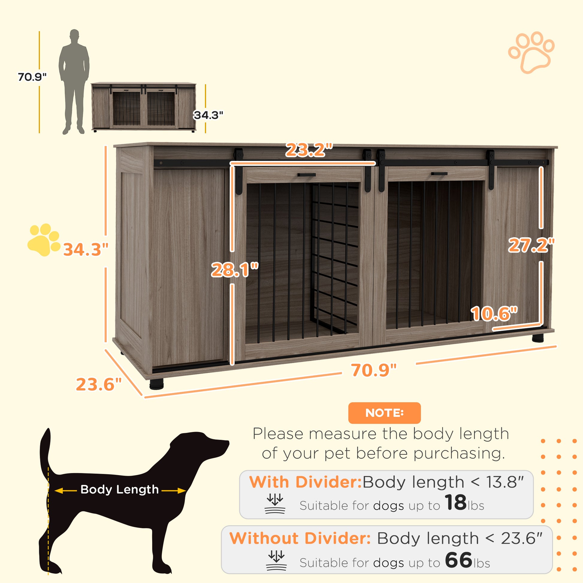 Pawhut Dog Crate Furniture With Removable Divider For 2 Small Dogs Or 1 Large Dog, 71" Modern Dog Kennel Furniture End Table With Storage, Double Doors, Walnut Brown Particle Board