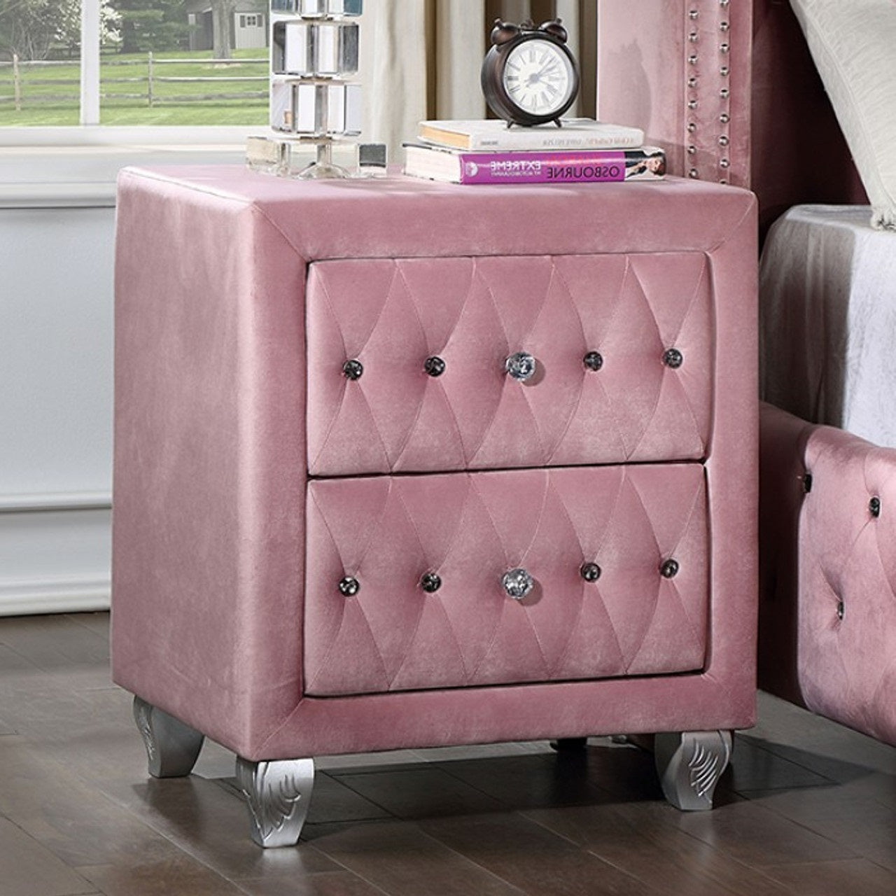 Beautiful Pink Color 1Pc Nightstand Bedroom Furniture Bedside Table Crystal Like Acrylic Knob 2 Drawers Storage Pink 2 Drawers Bedroom Bedside Cabinet Contemporary,Glam,Modern Easy Assembly Solid Wood,Velvet