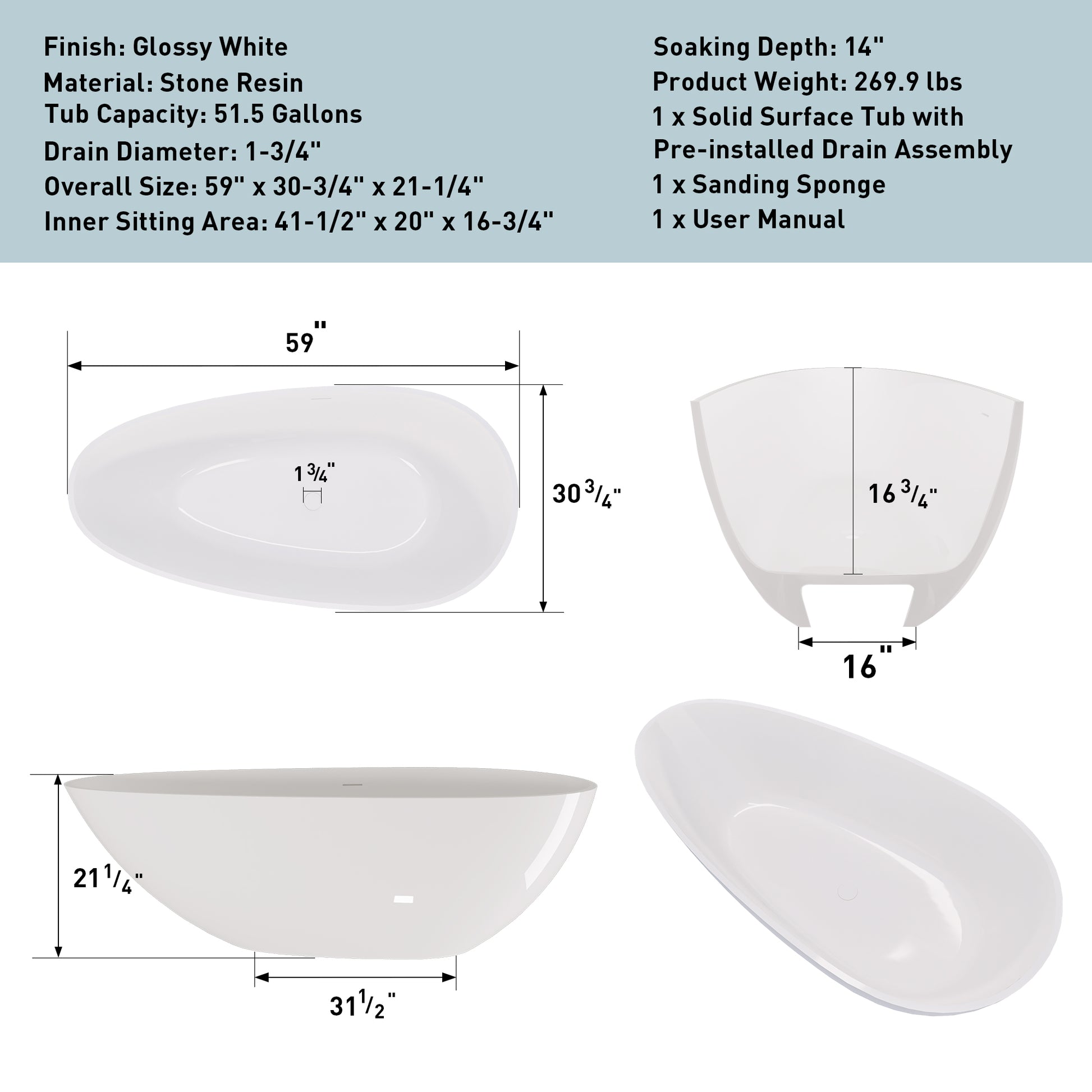 59" Freestanding Solid Surface Bathtub, Luxury Handcrafted Stone Resin Freestanding Soaking Bathtub With Overflow And Pop Up Drain, Glossy White 24S02 59Gw White Bathroom Freestanding Tubs Solid Surface