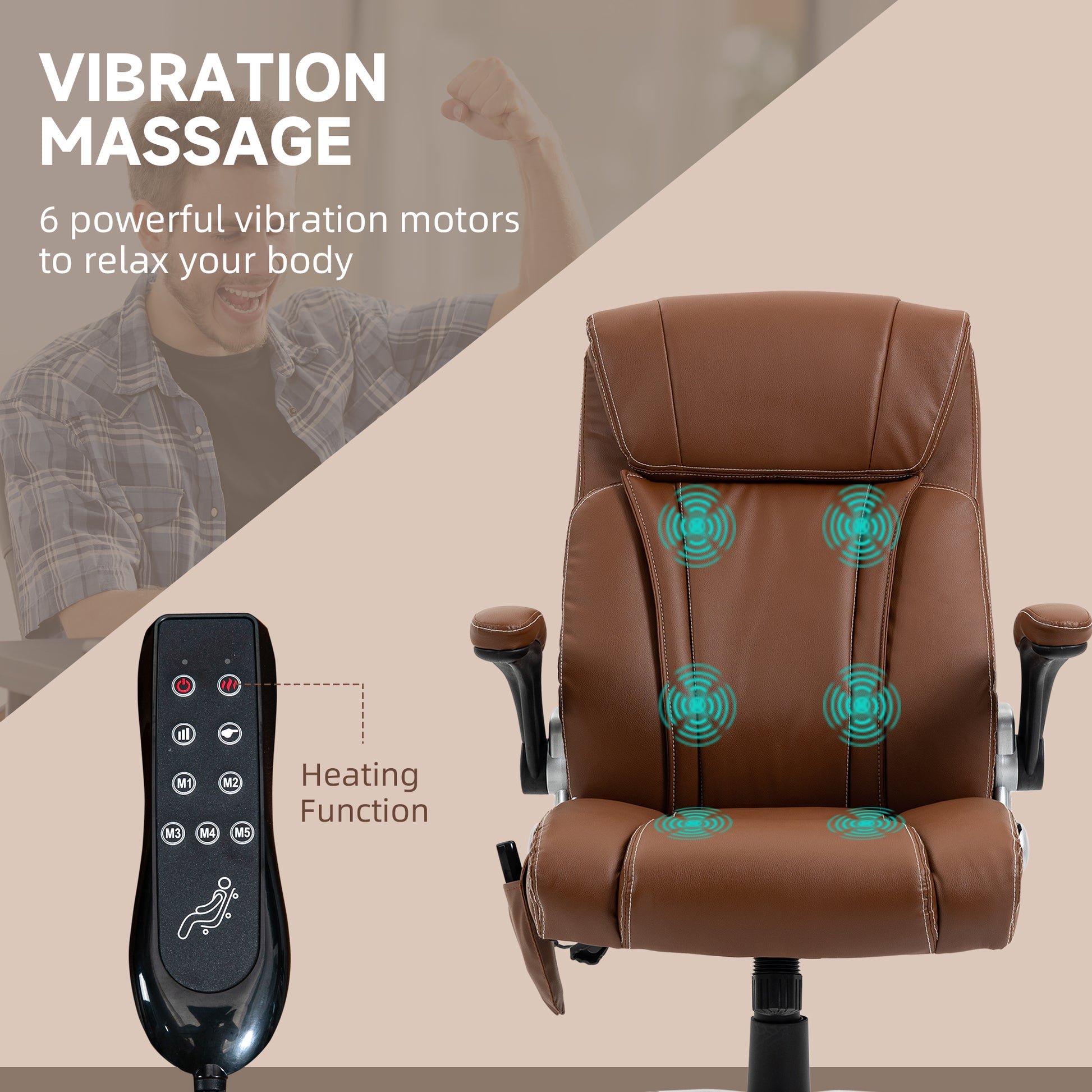 Vinsetto Executive Massage Office Chair With 6 Vibration Points, Heated Faux Leather Computer Desk Chair With Flip Up Armrest, Adjustable Height, Swivel Wheel, Brown Brown Leather