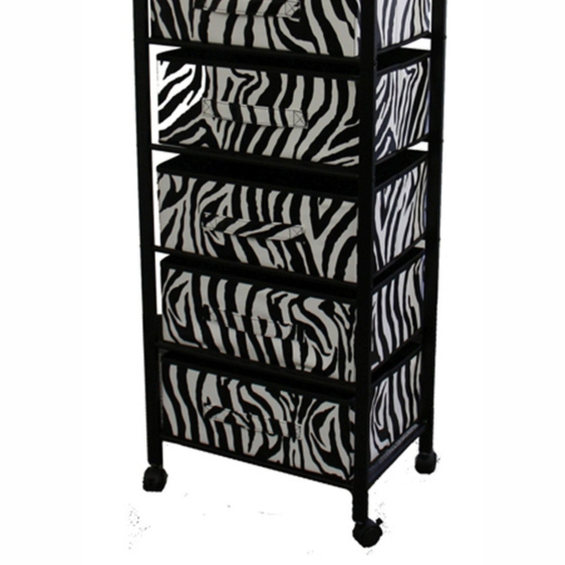 52.5" Tall Metal Shelf With 6 Drawers, Black Frame Rack On Wheels, Zebra Print Multicolor Metal