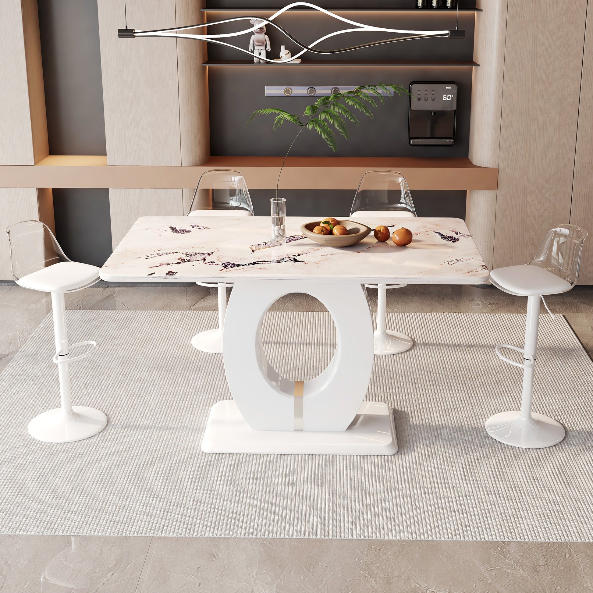 Tables And Chairs Set, Modern Minimalist Style White Marble Pattern Table, Bar Table. Can Rotate And Adjust The Lifting Bar Chair 360 . Pet Backrest And Pu Leather Seat Cushion.Bt 1280Lc 011 White Mdf