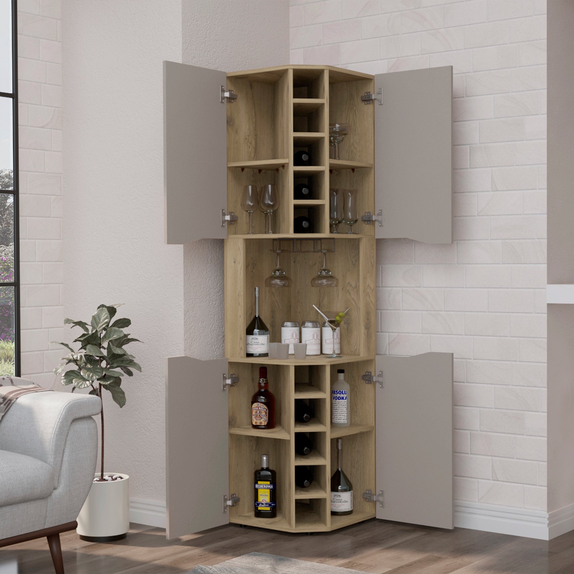 Obregon Corner Bar Cabinet, Ten Built In Wine Rack, Single Door Multi Primary Living Space Modern Shelves Included Particle Board