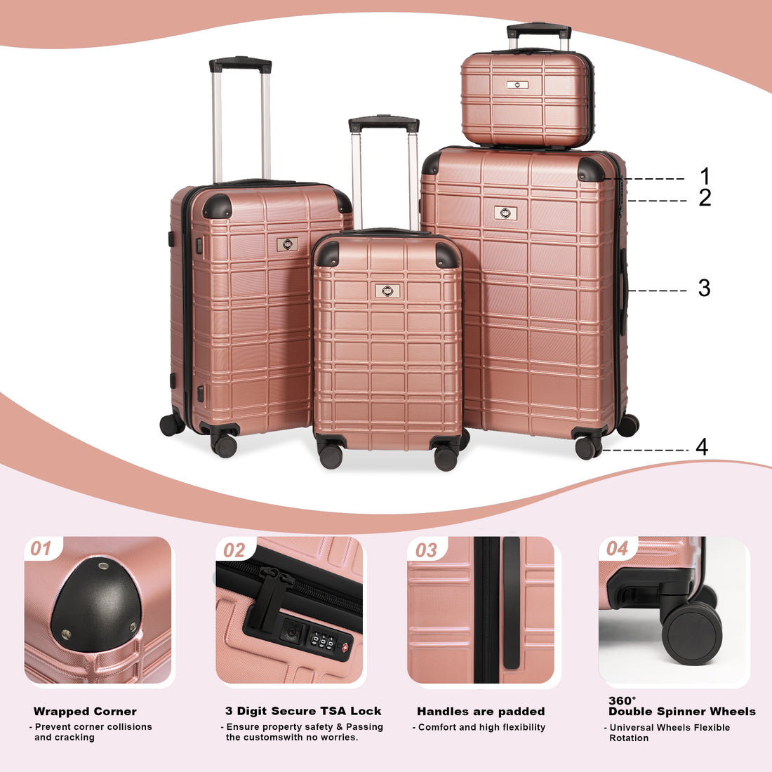 Luggage Sets Abs Pc Hardshell 4Pcs Luggage Hardside Lightweight Durable Suitcase Sets Spinner Wheels Suitcase With Tsa Lock 12 20 24 28 ,Rose Gold Rose Gold Abs Pc