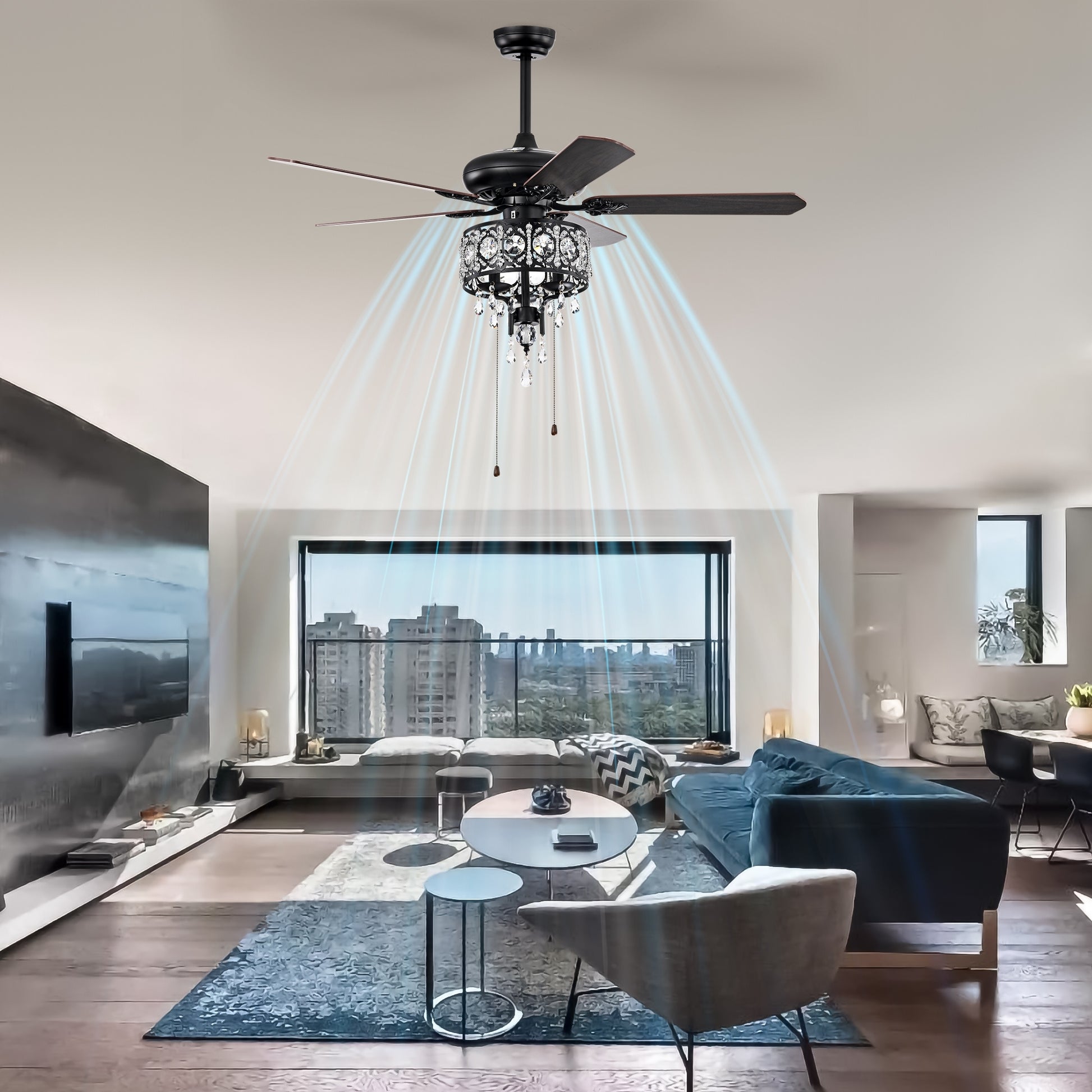 52'' Crystal Shade Ceiling Fan Lamp With Remote Control,3 Speed ,4 Timing5 Reversible Blades Crystal Ceiling Fan ,3Pcs*E12 No Include Bulb Hand Pull Chain Matte Black American Traditional,Antique,Classic,Contemporary Crystal Metal