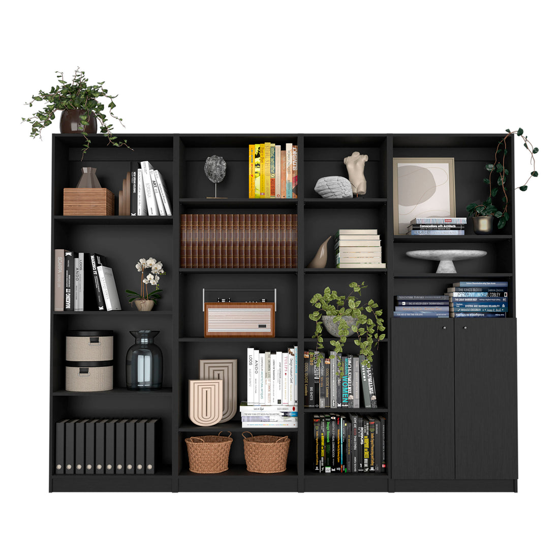 Dupree 4 Piece Home Bookcase Set, 91" Wide With 17 Shelves And A Double Door Cabinetliving Room Set Black 5 Or More Shelves Black Office Open Storage Space Modern Particle Board