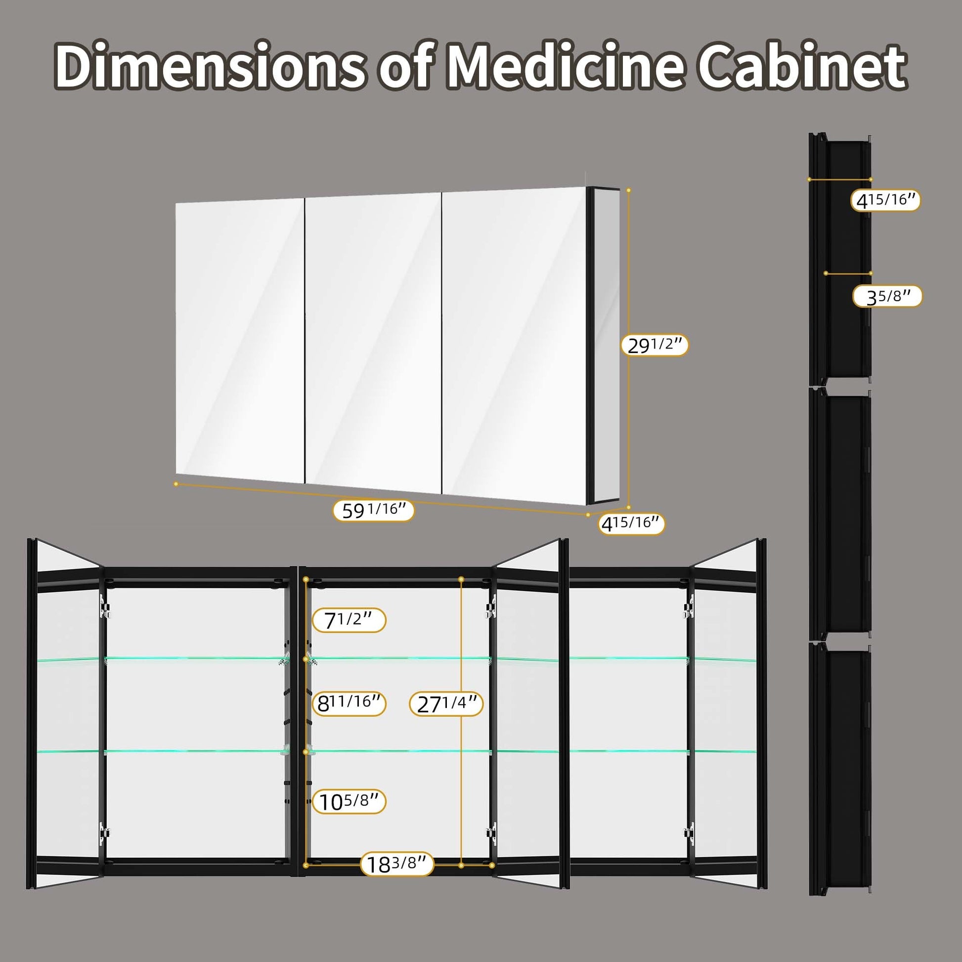 60" X 30" Lighted Medicine Cabinet With Mirror Aluminum Mirrored Cabinets For Bathroom Recessed Or Wall Mount, With Electrical Outlet Usb Anti Fog 3 Colors Light Built In Sensor Lamp Matte Black Modern Glass Aluminium Alloy