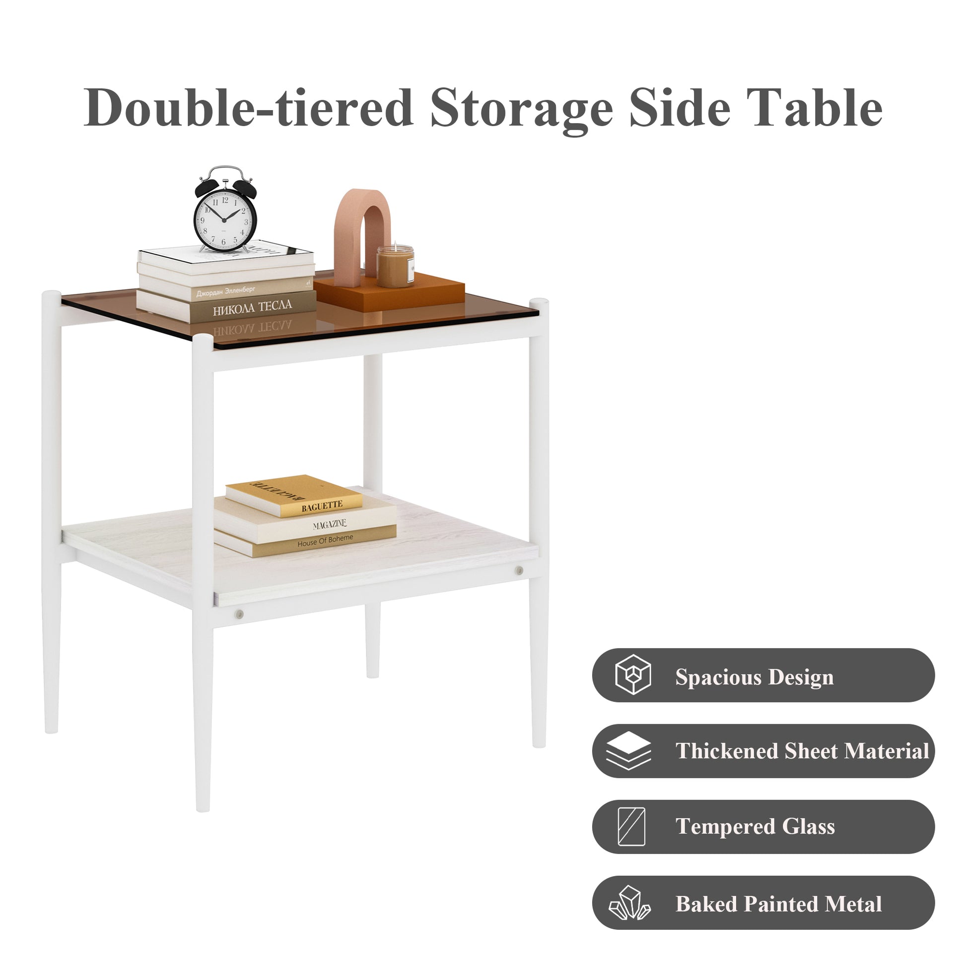 Set Of 2 Rectangle End Table, Tempered Glass Tabletop With Mdf Layer, Modern Table For Living Roombrown Glass Brown Tempered Glass