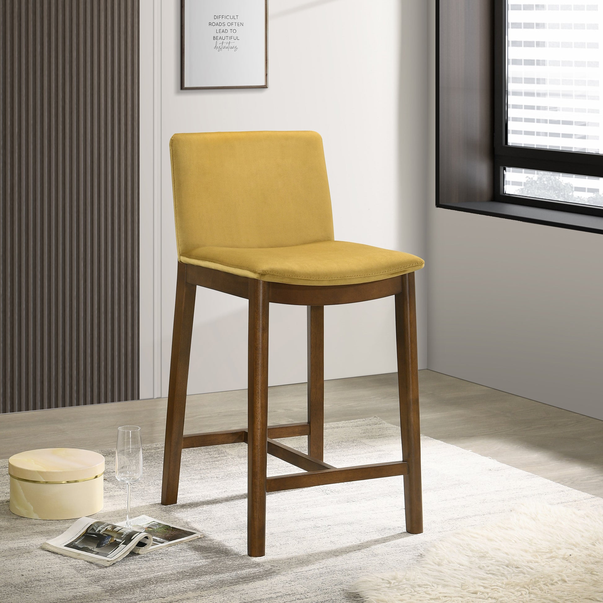 Shannon Counter Chair In Dark Yellow Velvet Wood Solid Brown,Yellow Brown Dining Room Wipe Clean Bar Stools Solid Wood,Velvet