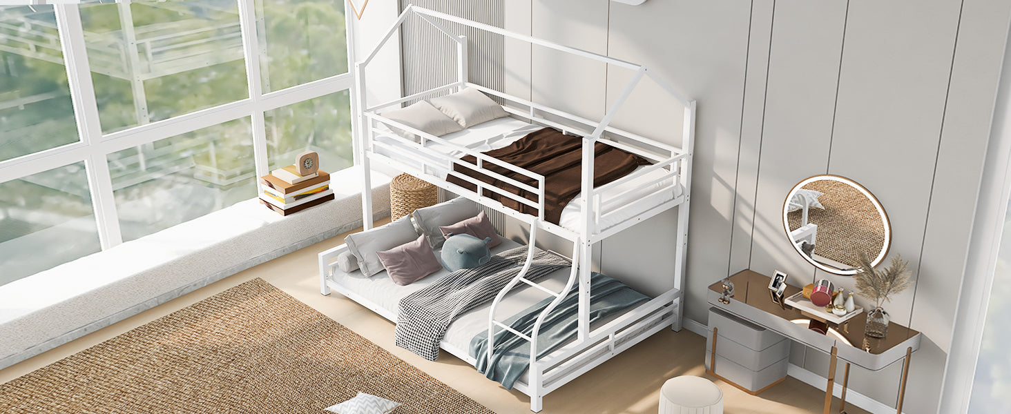 Metal House Bunk Bed, Twin Over Full, White Full White Metal