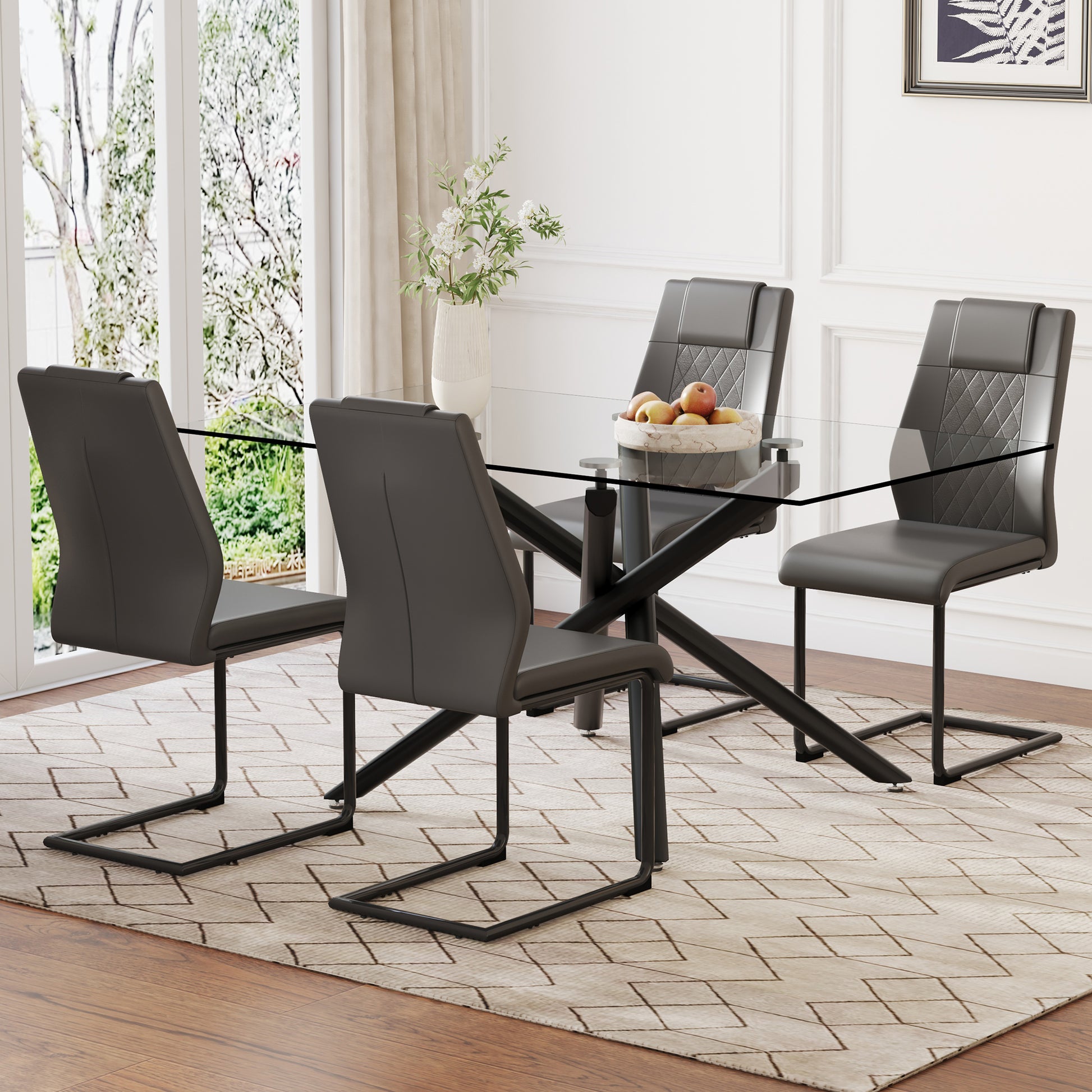 Table And Chair Set.Modern Rectangular Glass Dining Table With 0.39" Tempered Glass Tabletop And Black Metal Legs.Paired With Multiple Chairs Designed With Pu Cushions And Black Metal Legs. Black Grey Seats 4 Tempered Glass