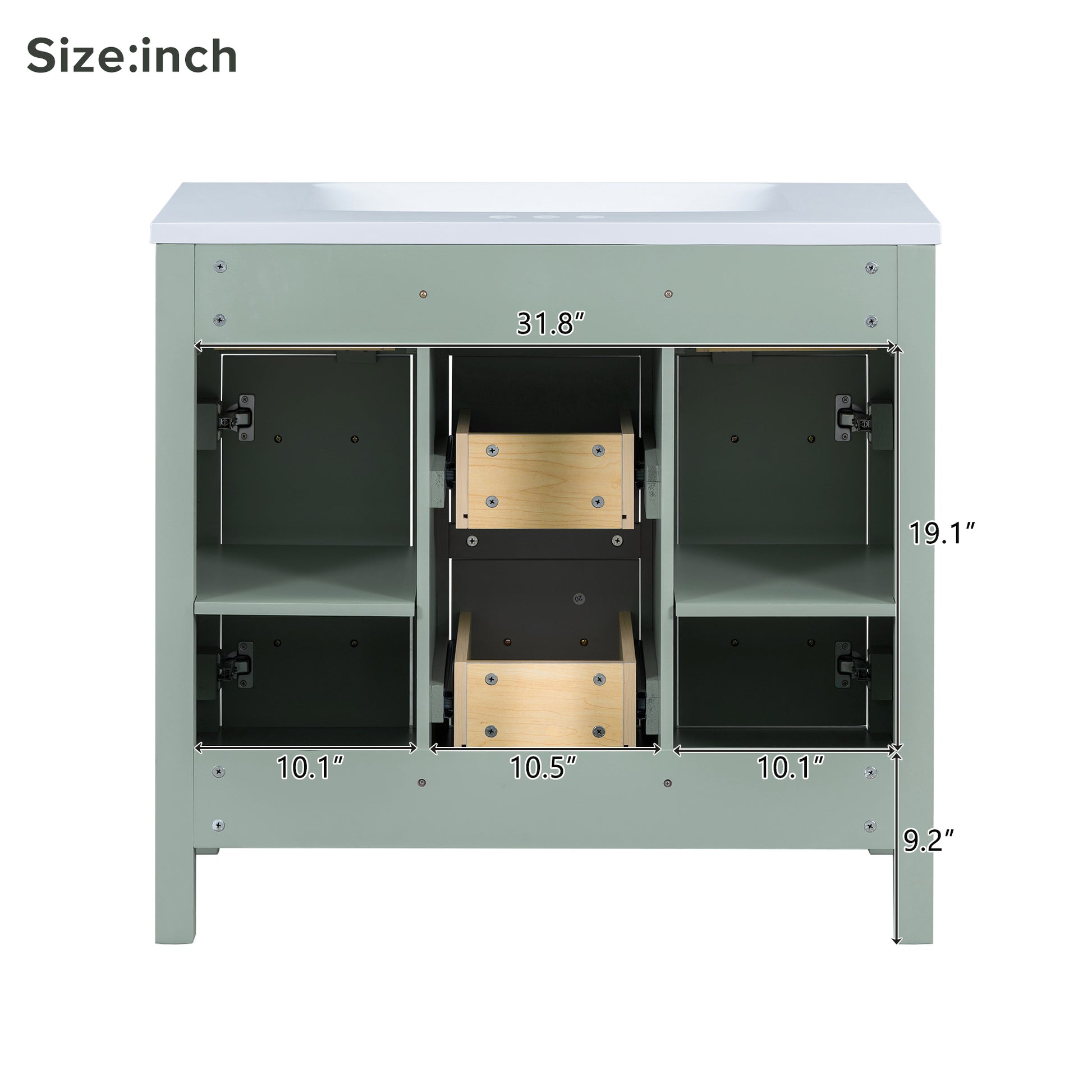 36" Bathroom Vanity Cabinet With Resin Integrated Sink 4 Drawers, 2 Doors Green Bathroom Solid Wood Mdf Resin