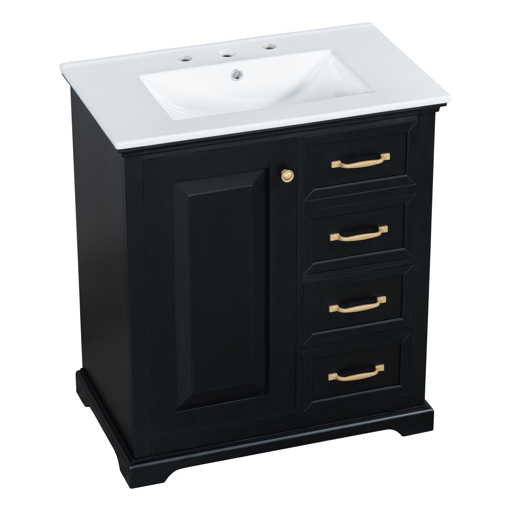 30" Bathroom Vanity With Sink, One Package, Black Bathroom Cabinet With Drawers, Solid Frame And Mdf Board Black Solid Wood Mdf