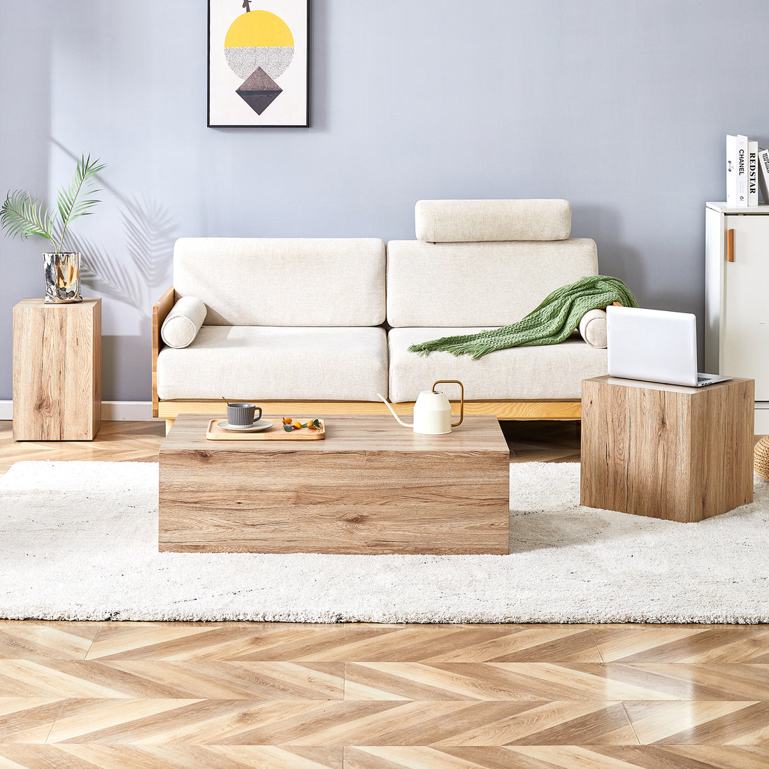 Modern Three Piece Coffee Table.Elevate Your Living Space With This Modern Mdf Coffee Table That Showcases Smooth, Light Wood Color Texture Patterns. Stylish Design. Wood Mdf