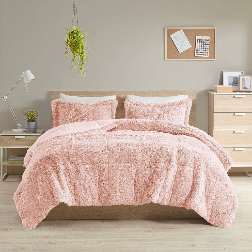 Shaggy Long Fur Comforter Mini Set Queen Blush Polyester